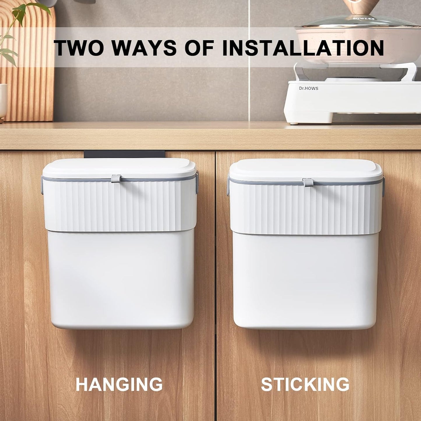 ELPHECO Hanging Trash Can with Lid 2.5 Gallon Kitchen Compost Bin for Under Sink, Plastic Wall-Mounted Garbage Can, Small Kitchen Trash Bin, Small Trash Can with Lid for Cupboard Countertop
