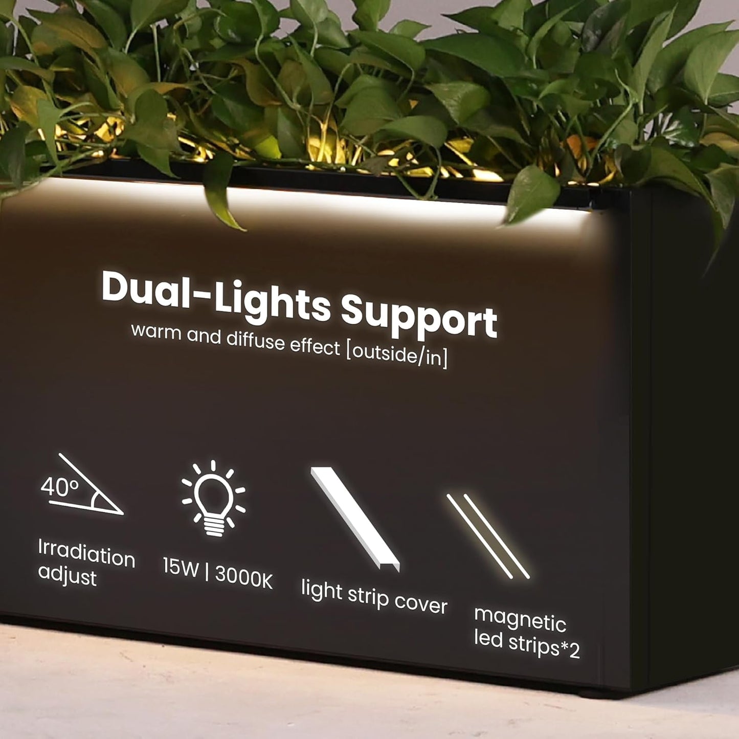 GSK Light Metal Planter Boxes LED Lighting Strips × 2 Outdoor Black Rectangle Flower Trough Heavy Duty Galvanized Iron Raised Tall Garden Bed Indoor Divider Shelf for Plants and Space Dividing