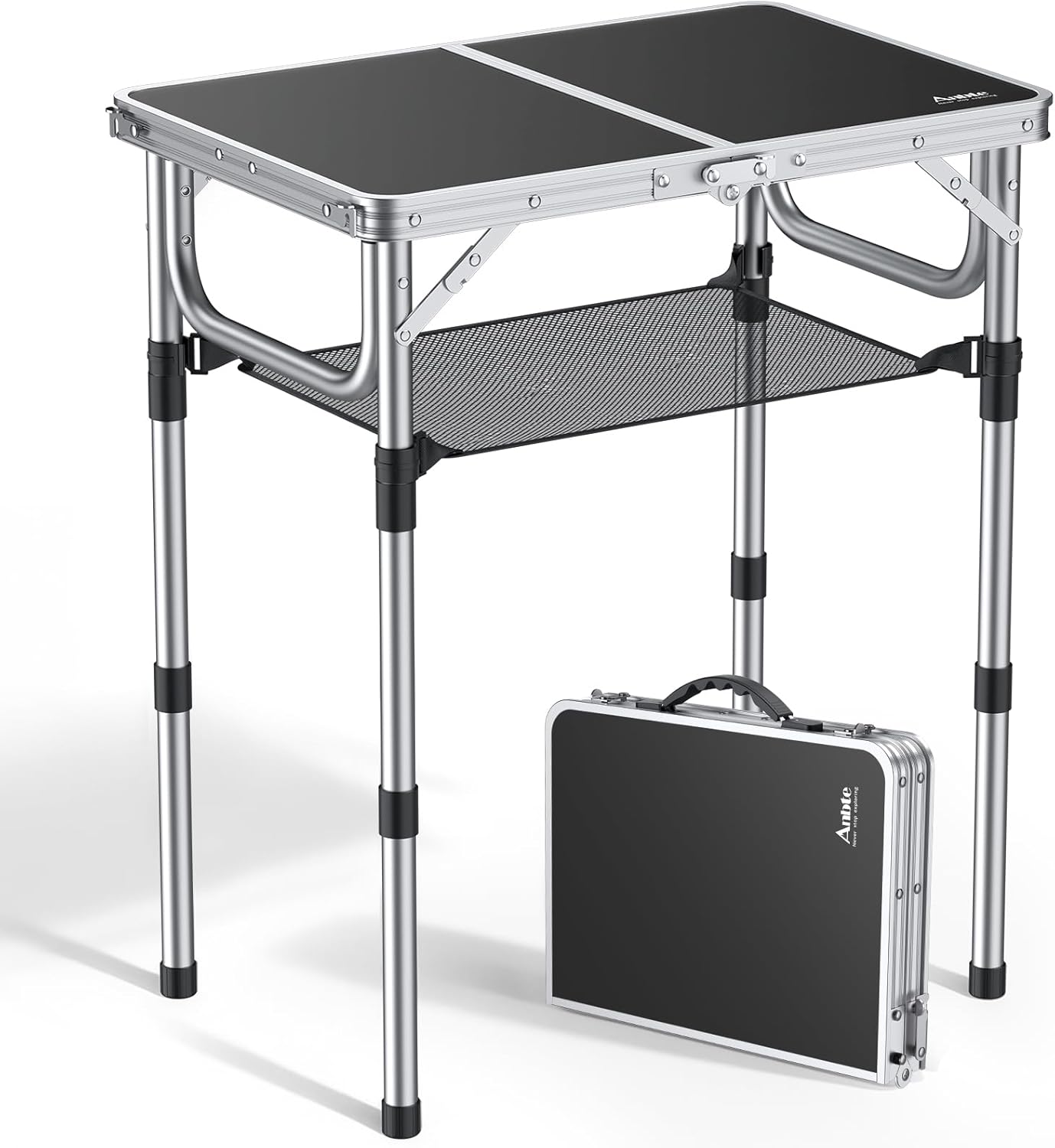 Folding Camping Table, Aluminum 24" x 16" Adjustable Height Small Folding Table with Carrying Handle, Lightweight, Portable Camping Table Waterproof for Outdoor Indoor Picnic Beach BBQ (Black)