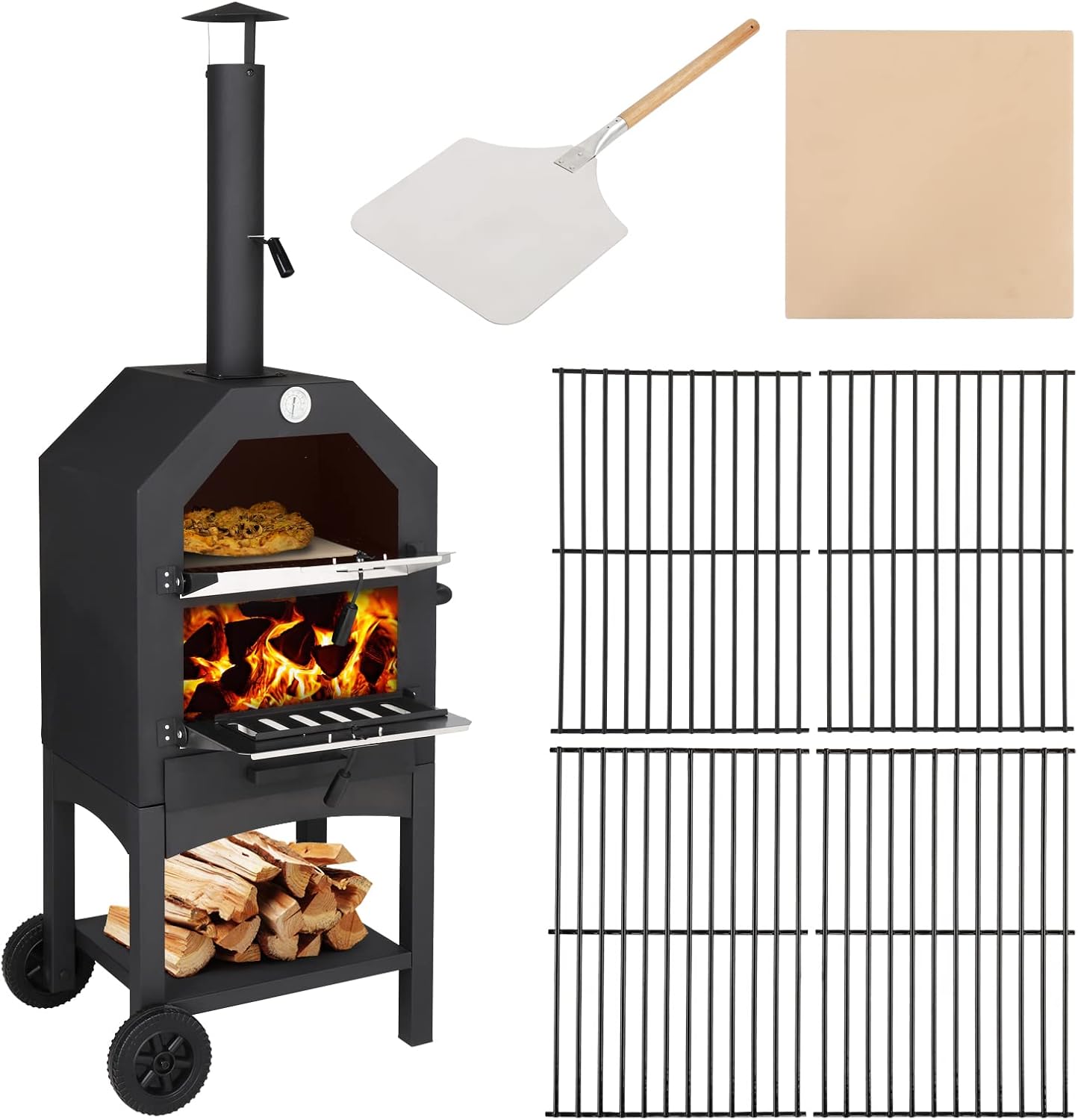 Outvita Outdoor Pizza Oven, Wood Fired Pizza Oven with Adjustable Chimney, Wheels, Pizza Stone, Pizza Peel, Grill Rack for Patio Cooking Picnic Party