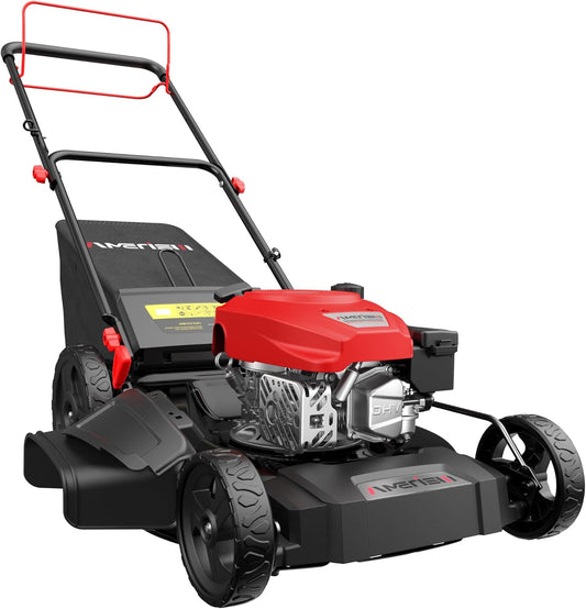 21" Gas Lawn Mower, Self-propelled Lawn Mower 3-in-1, 170cc OHV Engine with Forced Air Cooling, 6 Cutting Heights, 1.4-Bushel Grass Catcher