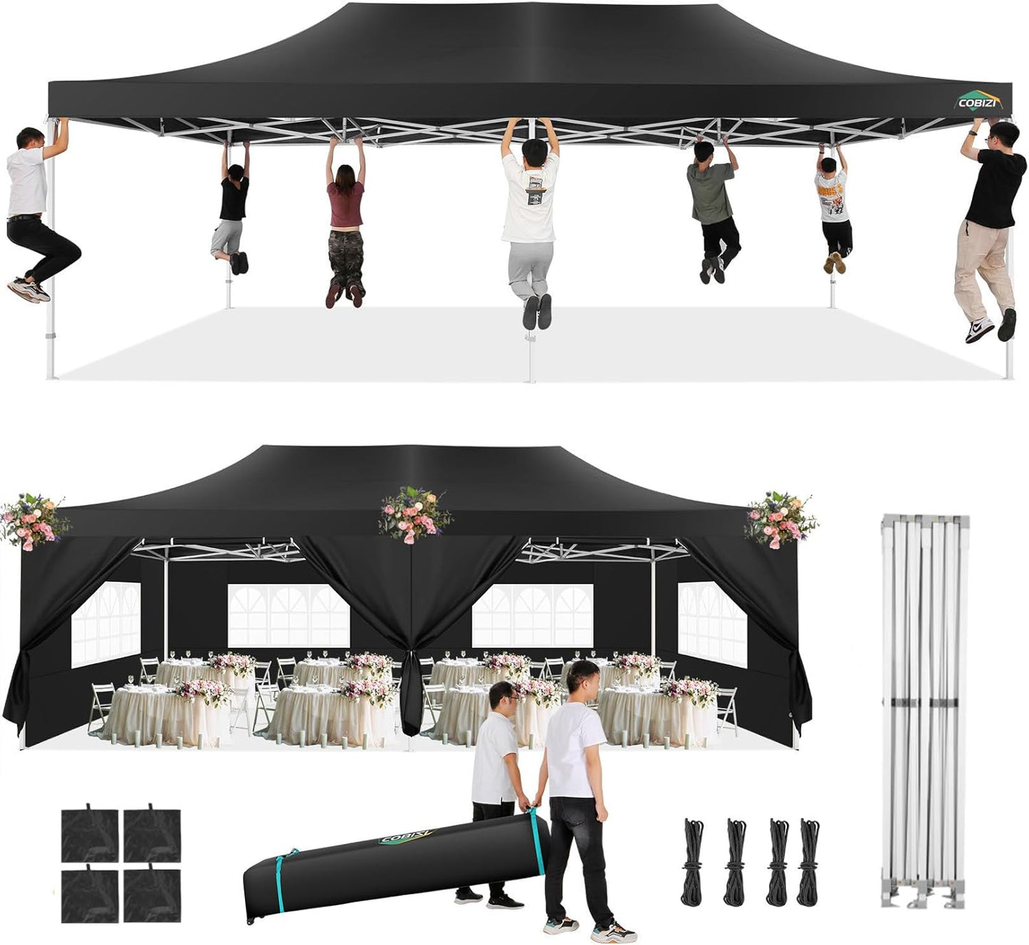 COBIZI 13x26 Pop Up Tent Heavy Duty Canopy with Removable Sidewalls Party Tent Outdoor Wedding Large Event Tent with Roller Bag for Garden Lawn Waterproof UPF 50+ Easy Up, Black (Framework Upgraded)