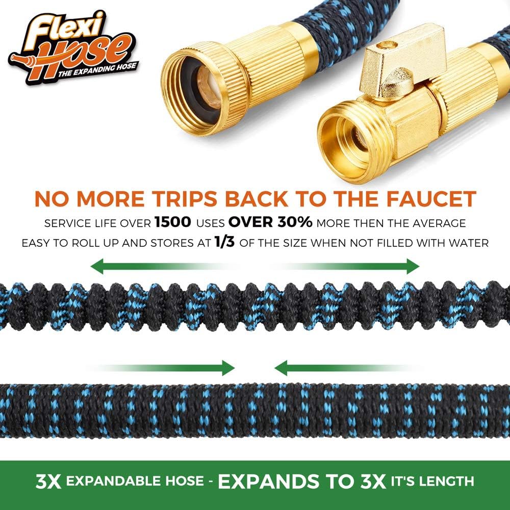 Flexi Hose with 8 Function Nozzle, 150FT - Lightweight Expandable Garden Hose, No-Kink Flexibility, 3/4 Inch Solid Brass Fittings and Double Latex Core