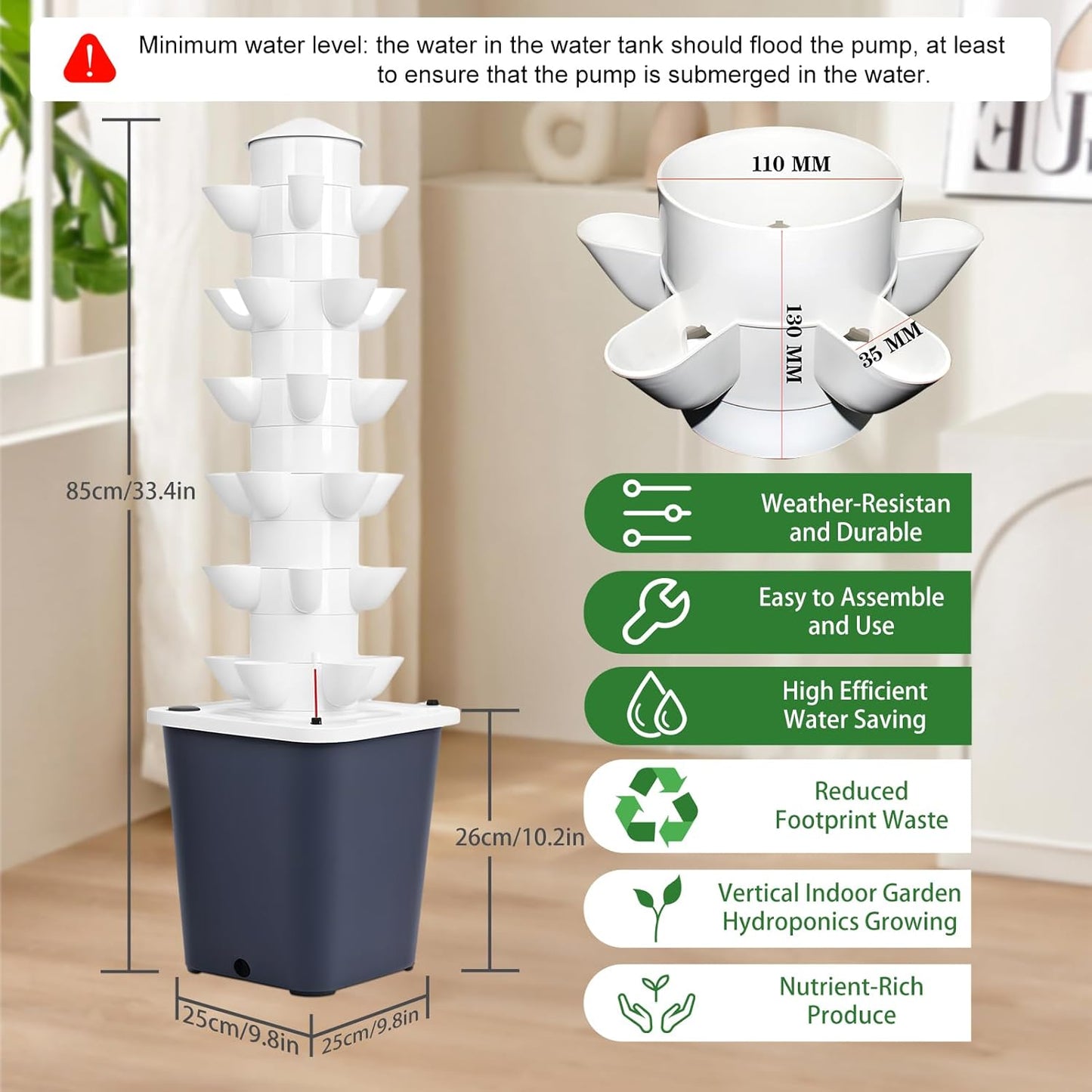 Set Hydroponic Growing Tower with 20L Tank, 6 Layers 30 Plants Indoor hydroponics Growing System kit, Soilless Cultivation Herbs Fruits Vegetables Vertical Planter Tower Kit (Black)