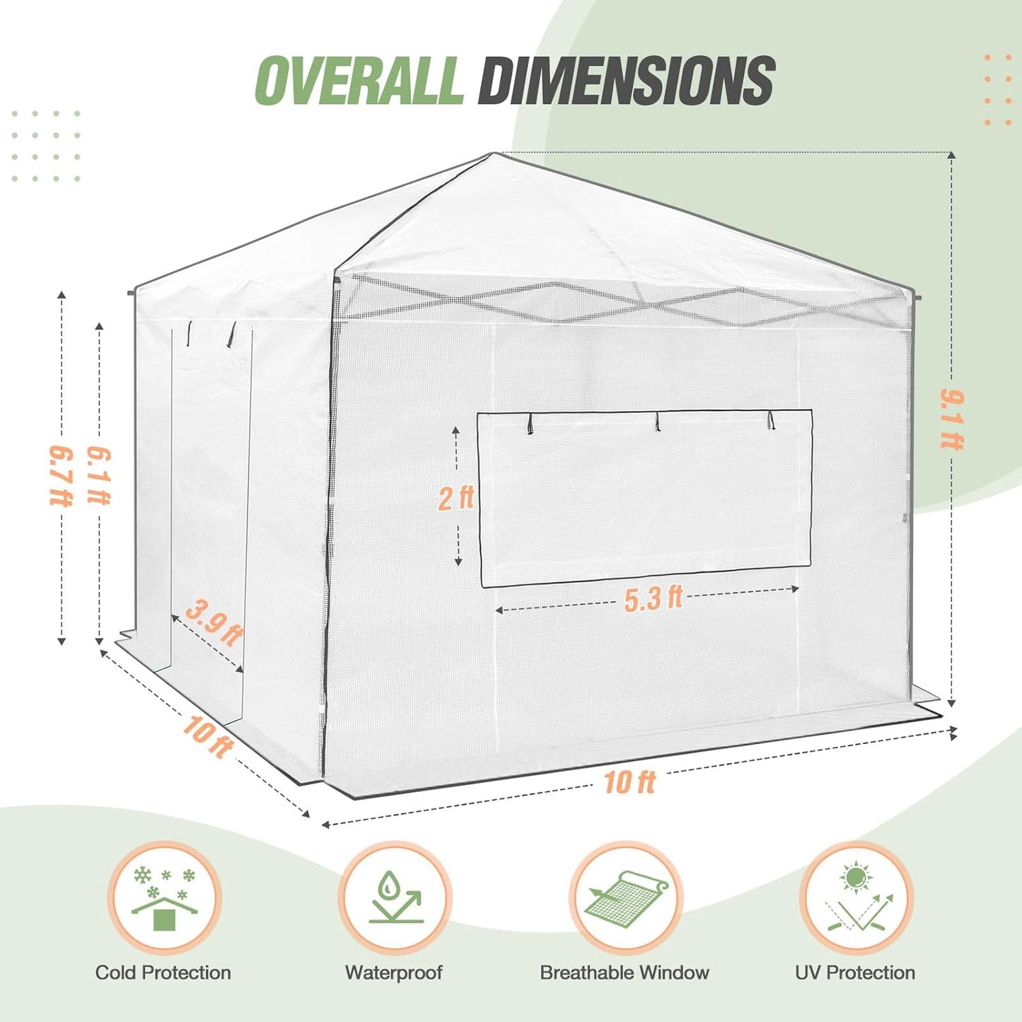 EAGLE PEAK Instant Pop-up Greenhouse, Indoor Outdoor Plant Gardening Green House, Roll-Up Zipper Doors and Side Windows, Walk in 10x10 ft, White/Clear