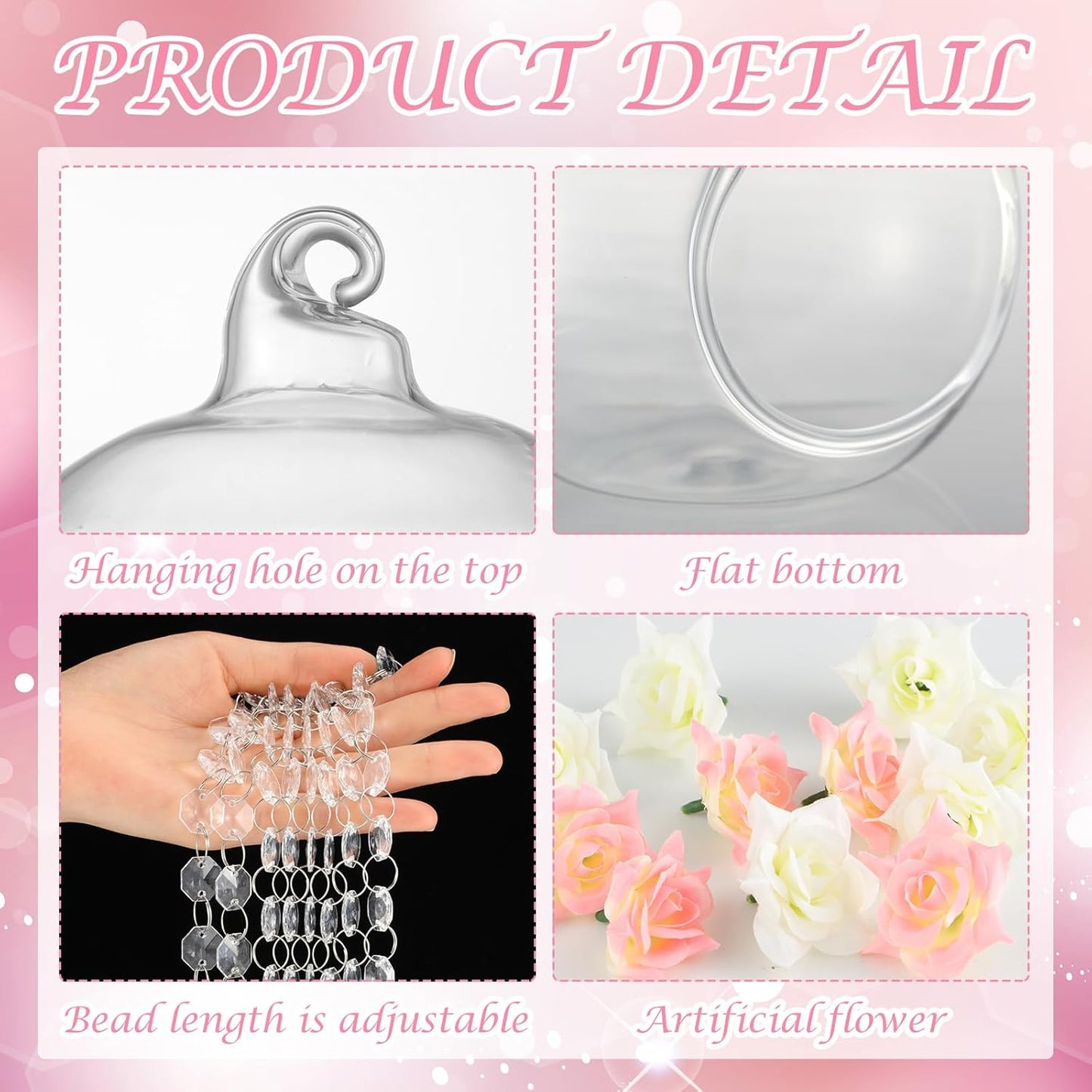 24 Sets Hanging Glass Candle Holder Wedding Glass Globe with Acrylic Gems Bead Garland Tea Light Holder Orbs Container for Flower Plants Micro Landscape DIY Xmas Tree Party Decoration 2.36 Inch