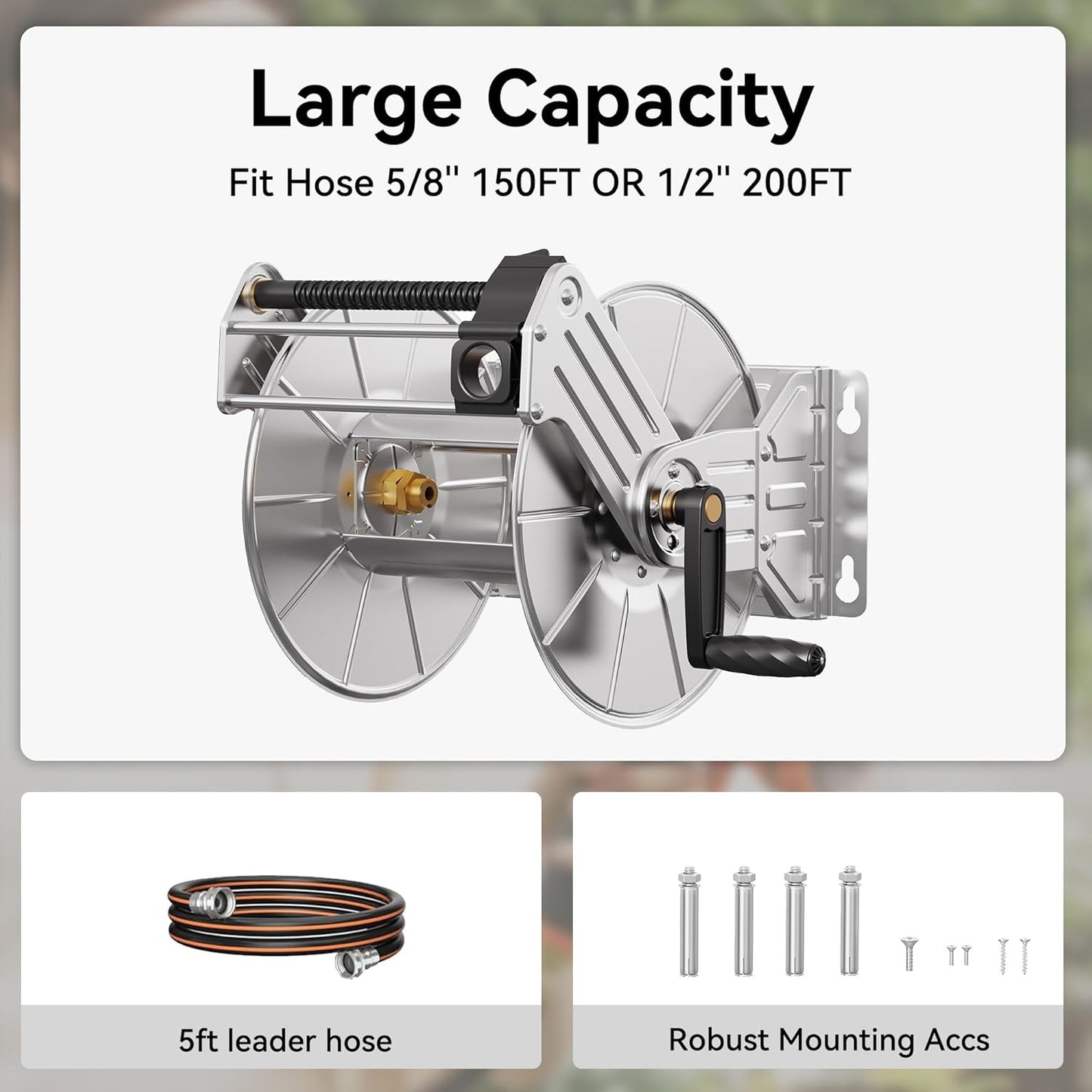 Giraffe Tools Stainless Steel Garden Hose Reel Heavy Duty, Wall/Floor Mounted Stainless Water Hose Reel Retractable with Crank, 150-Feet 5/8" Hose Capacity