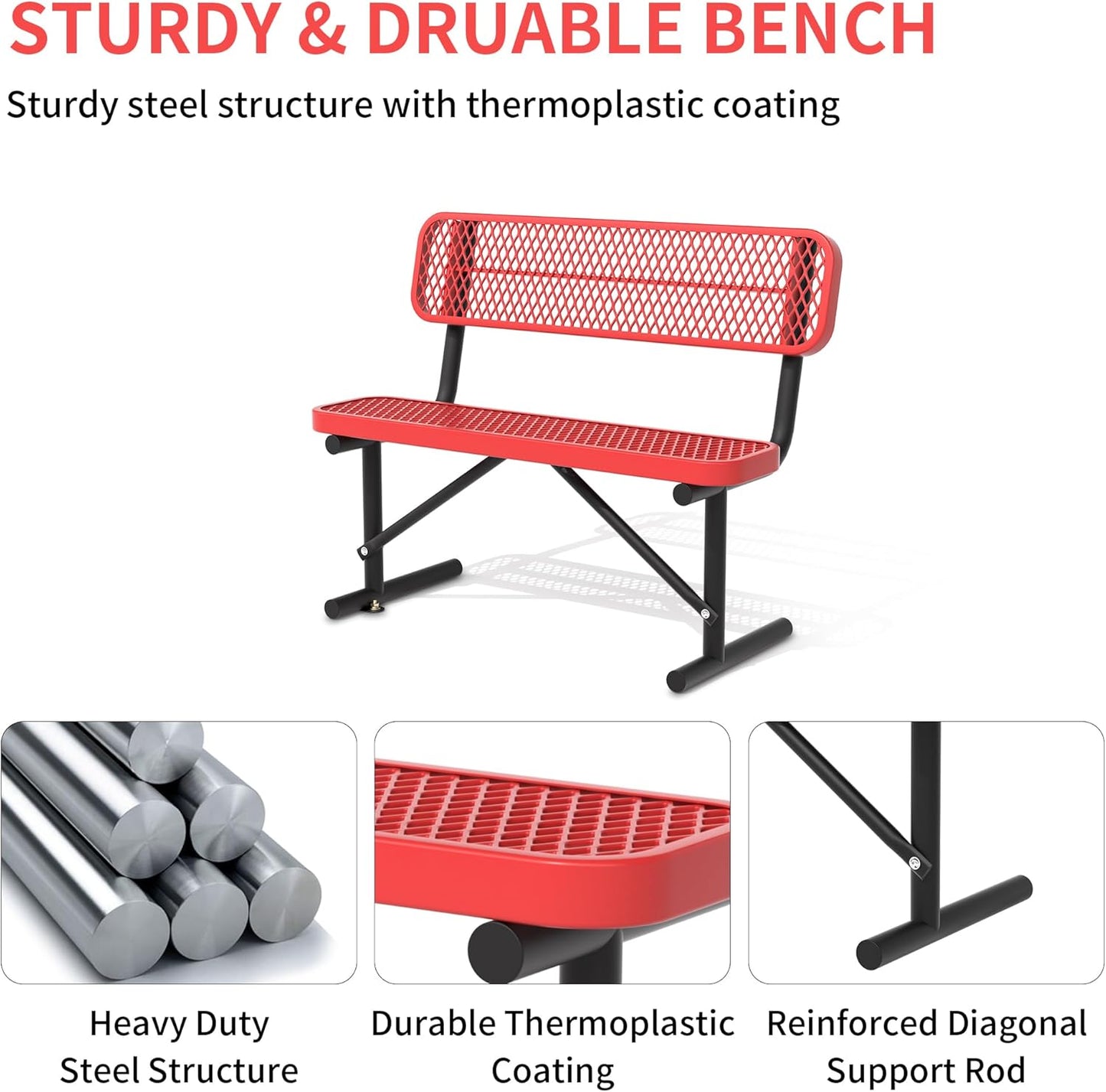 4/6/8 Feet Park Bench for Outside Heavy Duty Metal, Garden Benches Outdoor Bench with Backrest & Portable Frame, for Shopping Malls Stores Parks Patios Decks, Red