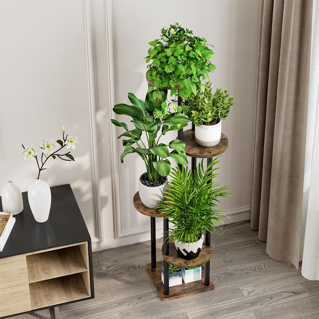 AZERPIAN Plant Stand Indoor 5 Tier Metal Plant Shelf for Multiple Plants Corner Tall Flower Holders for Living Room Balcony Bedroom Patio Garden (Black, 5 Tier)