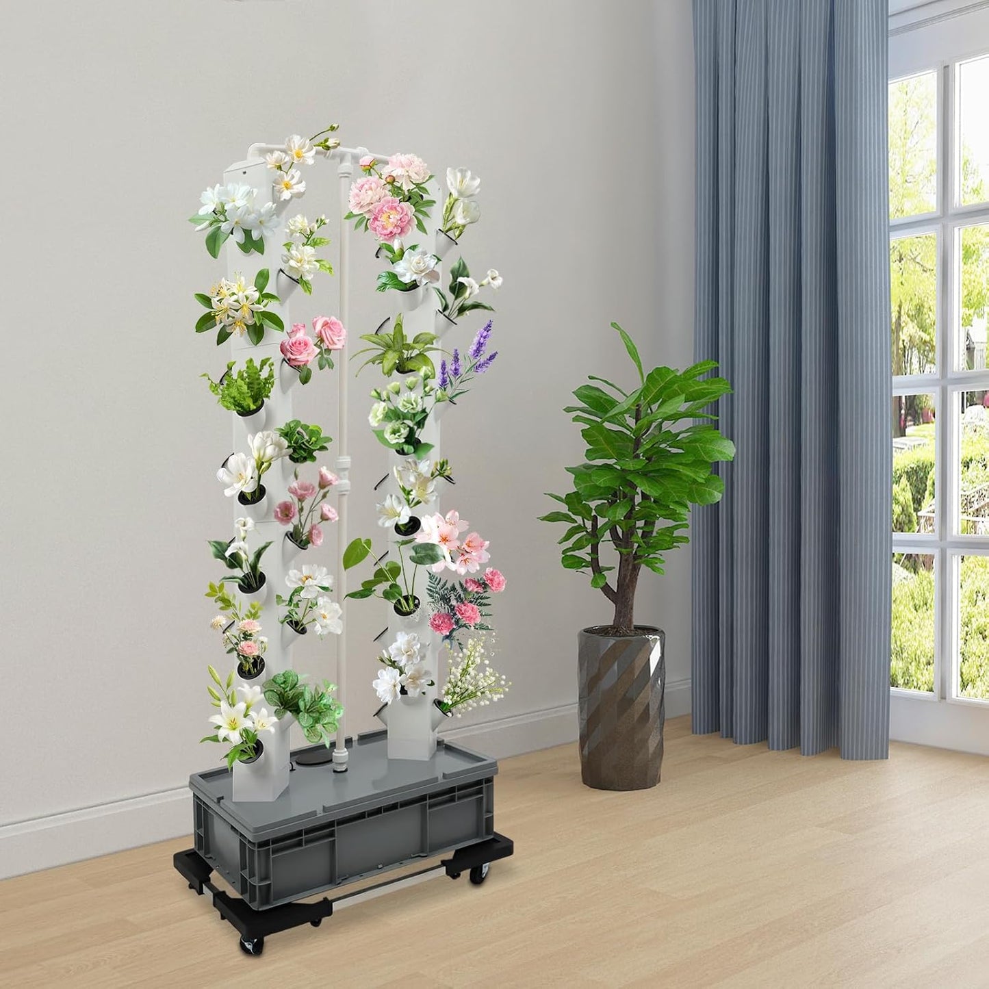 Hydroponic Growing System Indoor Outdoor, 56-Plant Vertical Garden Planter Germination Kit, Hydroponics Growing Tower, Smart Garden Vegetable Plant Kit with Pump & Wheels, Grey Base