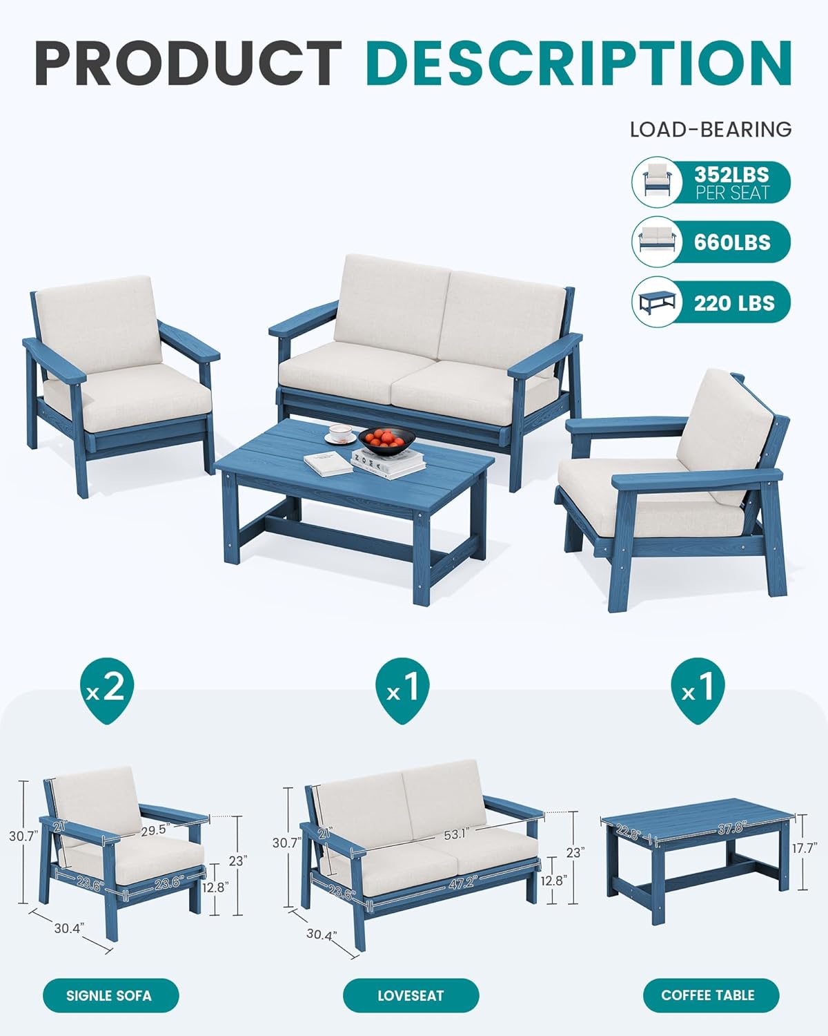 SERWALL HDPE Patio Furniture Set with 15FT Double Side Patio Umbrella, All Weather Wood-Like Outdoor Sofa Sectional Couch, Blue Patio Furniture with Khaki Cushions