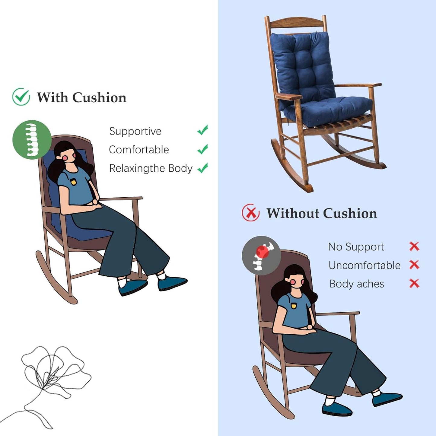 Yellow Rocking Chair Cushion Indoor Outdoor High Back Seat Pad Soft Chair Cushion for Patio Porch Garden Kitchen Office
