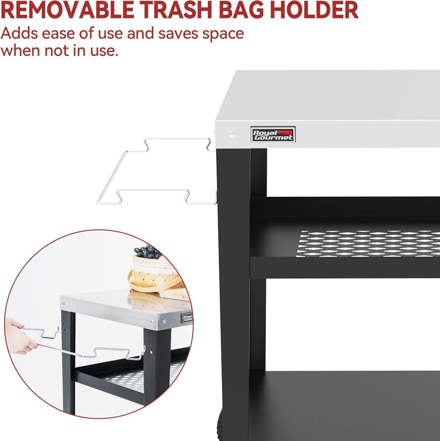 Royal Gourmet PC3404S Rolling Dining Table with Trash Bag Holder, Outdoor Garden Patio BBQ Kitchen Food Prep Table Cart, 34"L x 20"W Stainless Steel Tabletop, Silver & Black