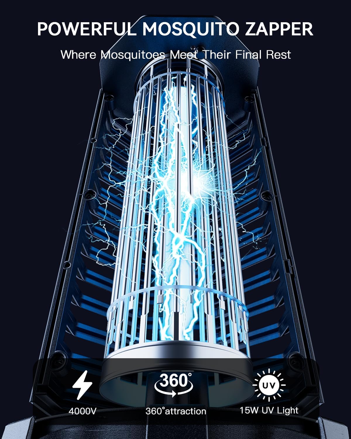 Minimoon Bug Zapper Outdoor 4000V Powerful Electric Mosquito Zapper, 15w Fly Trap Outdoor, IPX4, Corded Fly Zapper for Indoor, Yard, Backyard, Patio, Camping (Black with LED Lighting)
