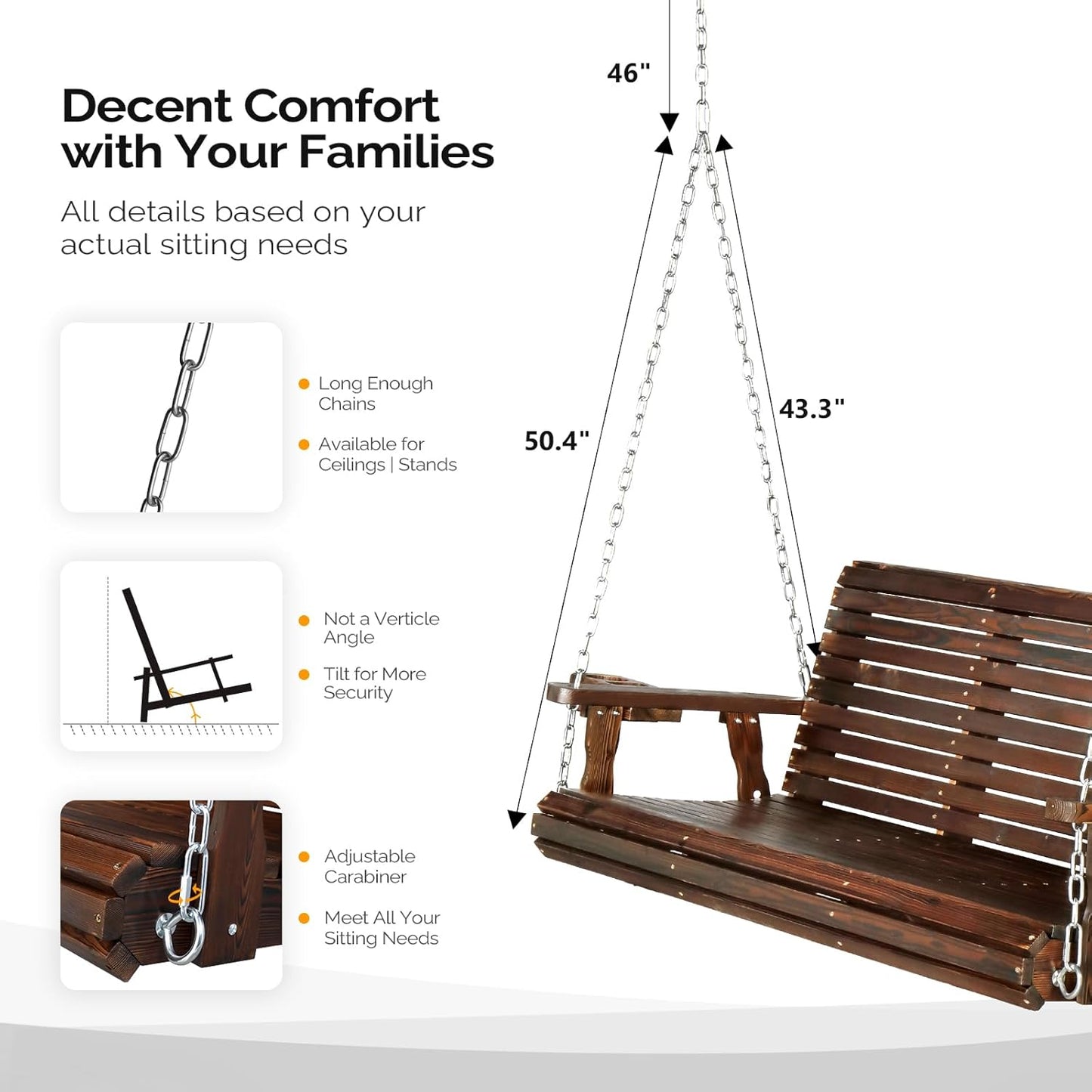VINGLI XL Size Patio Wooden Porch Swing Outdoor with Cup Holders & Phone Slots, Heavy Duty 880 LBS Hanging Swing Chair Bench with Hanging Chains for Yard, Lawn, Garden (5 FT Pro, Rustic)