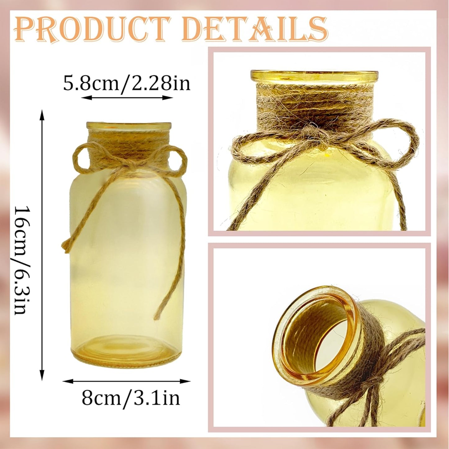 Vintage Glass Flower Vase，12 Pack Gold Amber Farmhouse Glass Centerpiece Vases Mason Jars for Weddings, Parties & Home Decor Bulk (12, Gold)