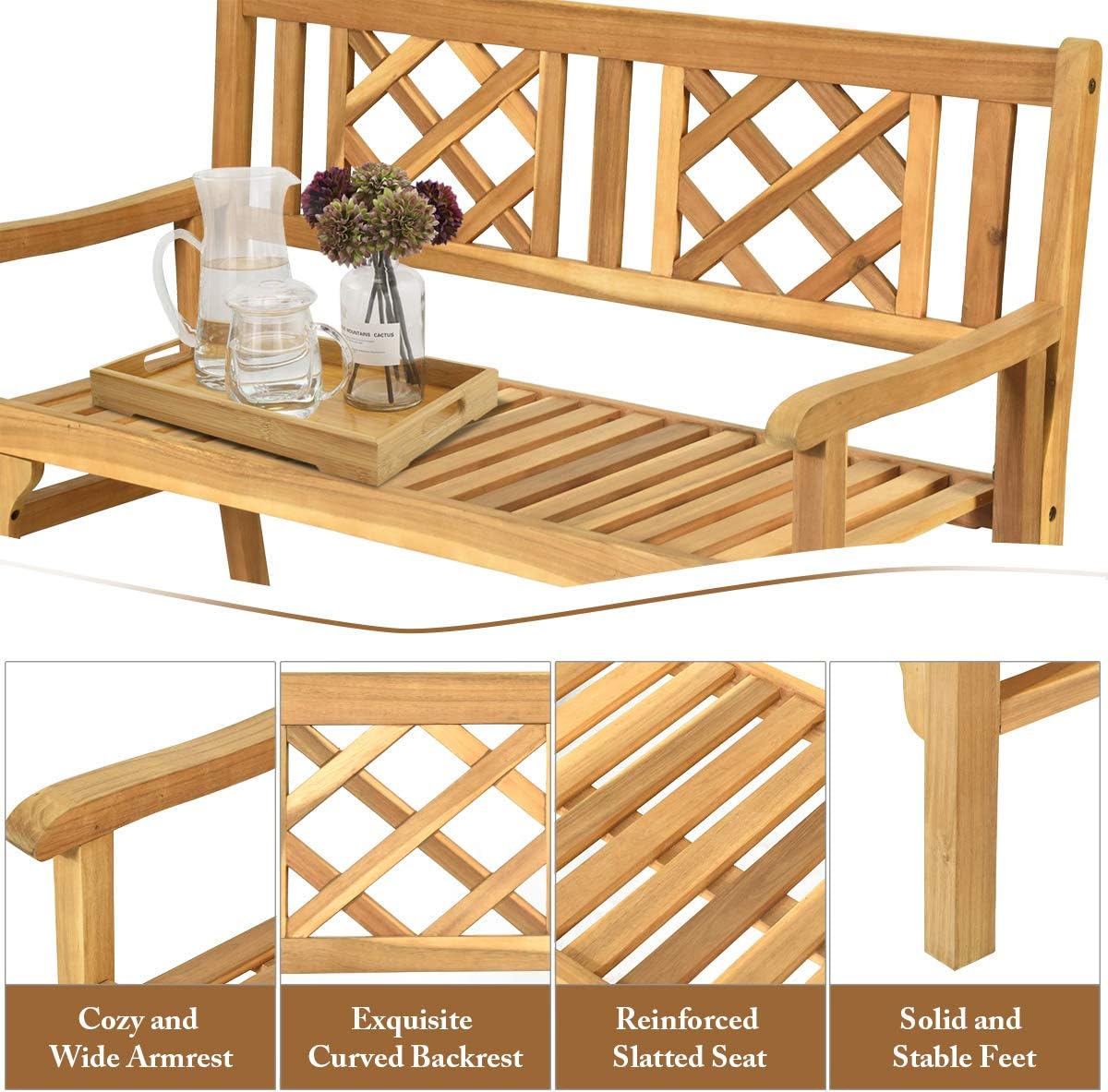 Giantex 4 Ft Foldable Outdoor Bench, Acacia Wood Outside Loveseat with Curved Backrest and Armrest, 705Lbs Weight Capacity, Garden Bench for Patio, Park, Porch, Balcony