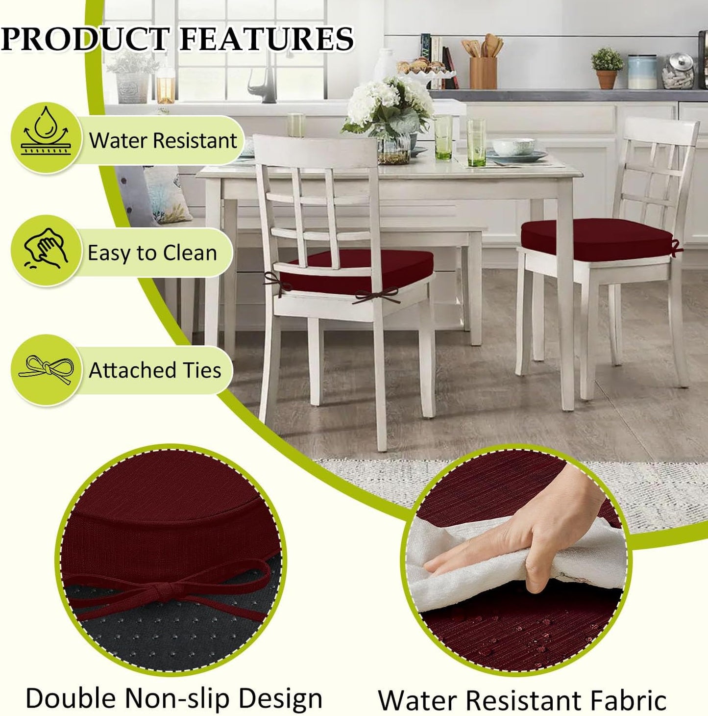 Chair Cushions for Dining Chairs, Indoor Chair Cushions with Ties，Waterproof Chair Pads Set of 4, Burgundy, 17x16x2.5 Inch