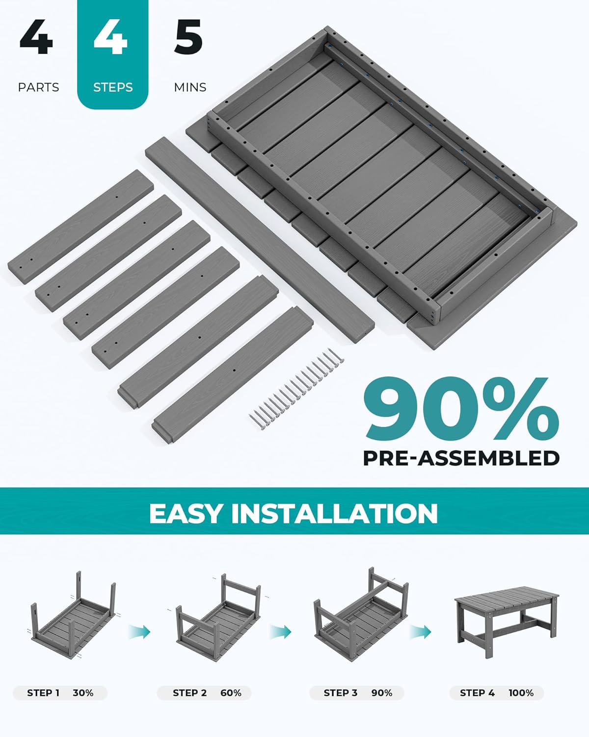 SERWALL Outdoor Coffee Table, HDPE Patio Coffee Table for Outside, Grey