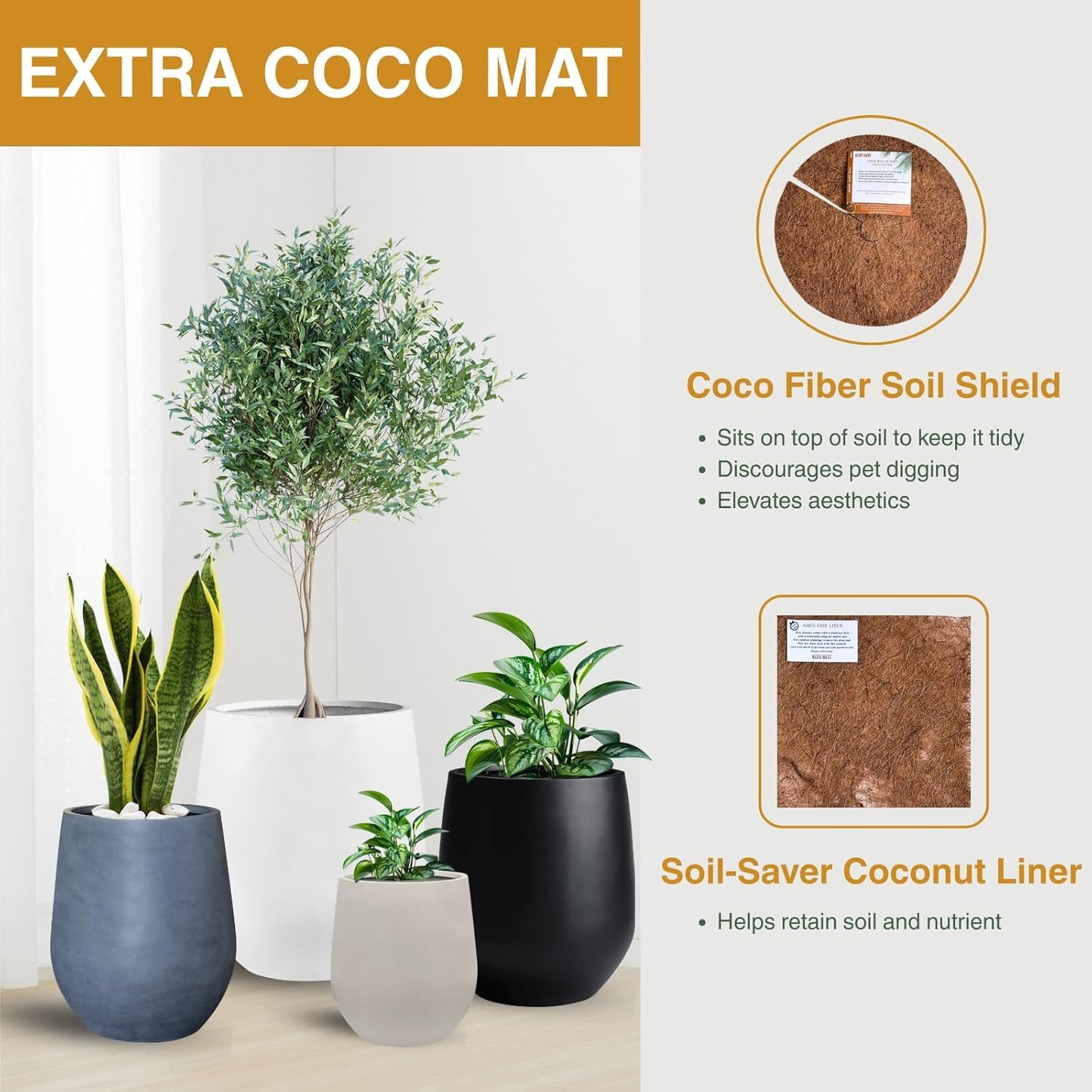 21" H x 19" D Ribbed Corso Fiberstone Round Planter with Drainage Hole, Weather Resistant for Indoor and Outdoor Use, Included 2 Extra Coco Mats (Ribbed Speckled White, 15" Pot Opening)