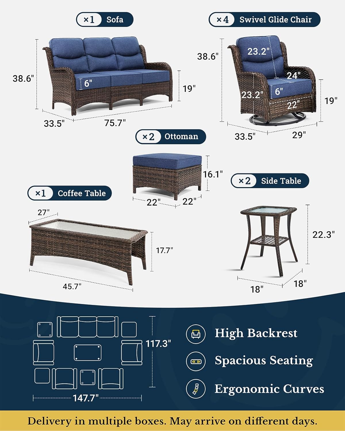 HILLGA Luxury Patio Furniture Set with 6-inch Thick Cushion, Outdoor Couch and High Back Swivel Rocker Patio Chairs, 10PCS Wicker Conversation Set for Deck Yard and Poolside, Blue (V2)