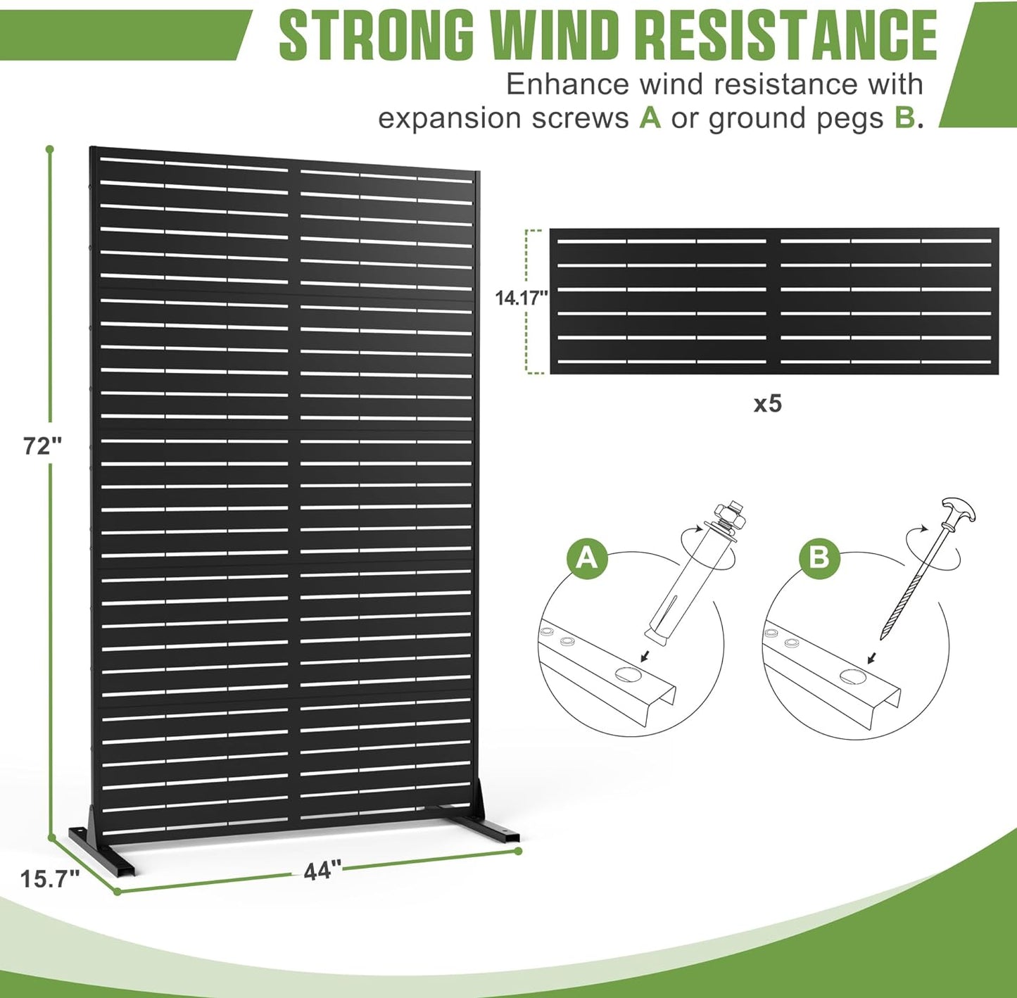 Metal Privacy Screen Outdoor 72" H×44" W,Freestanding Decorative Privacy Screen for Balcony Yard&Garden,Privacy Fence Black&Louvered(5 Panels)