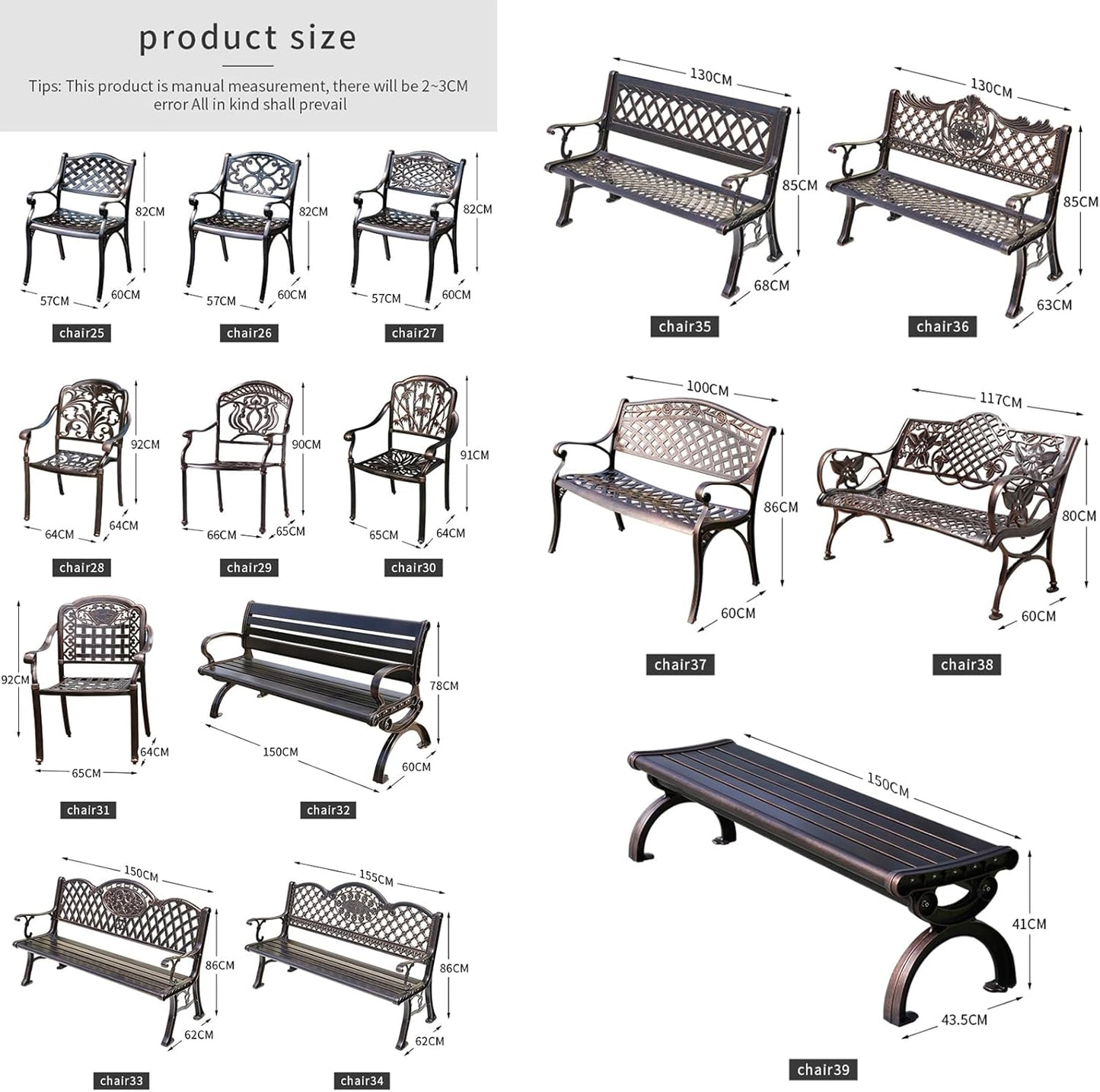 Outdoor Bench Chair Cast Aluminum Garden Bench Patio Bench All-Weather Park Bench for Backyard Porch Lawn (150cm Armless Park Bench)
