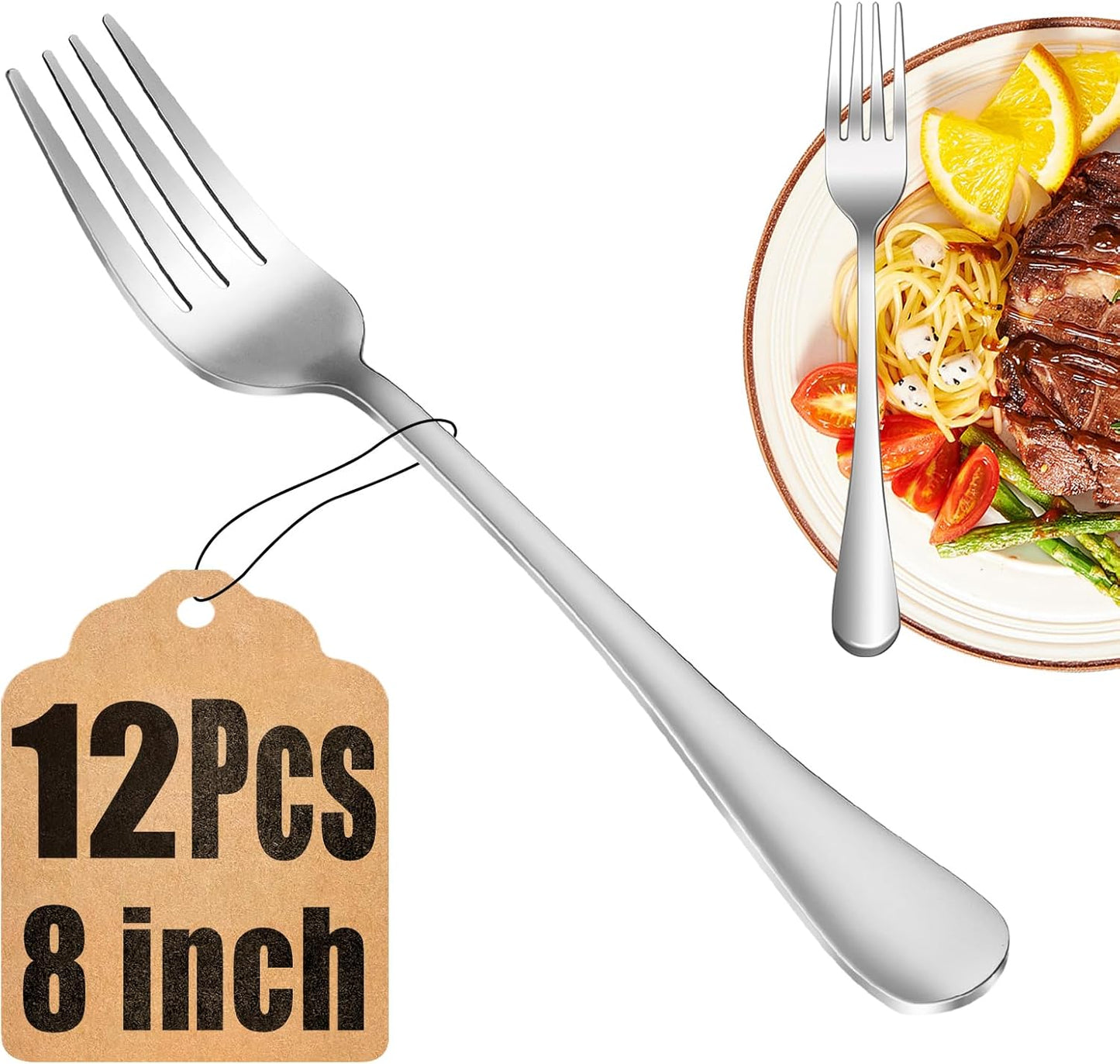 12 Piece Dinner Forks Set, Food-Grade Stainless Steel Silverware Forks, Cutlery Fork, Metal Fork for Home, Kitchen or Restaurant, Mirror Polished, Dishwasher Safe - 8 Inch