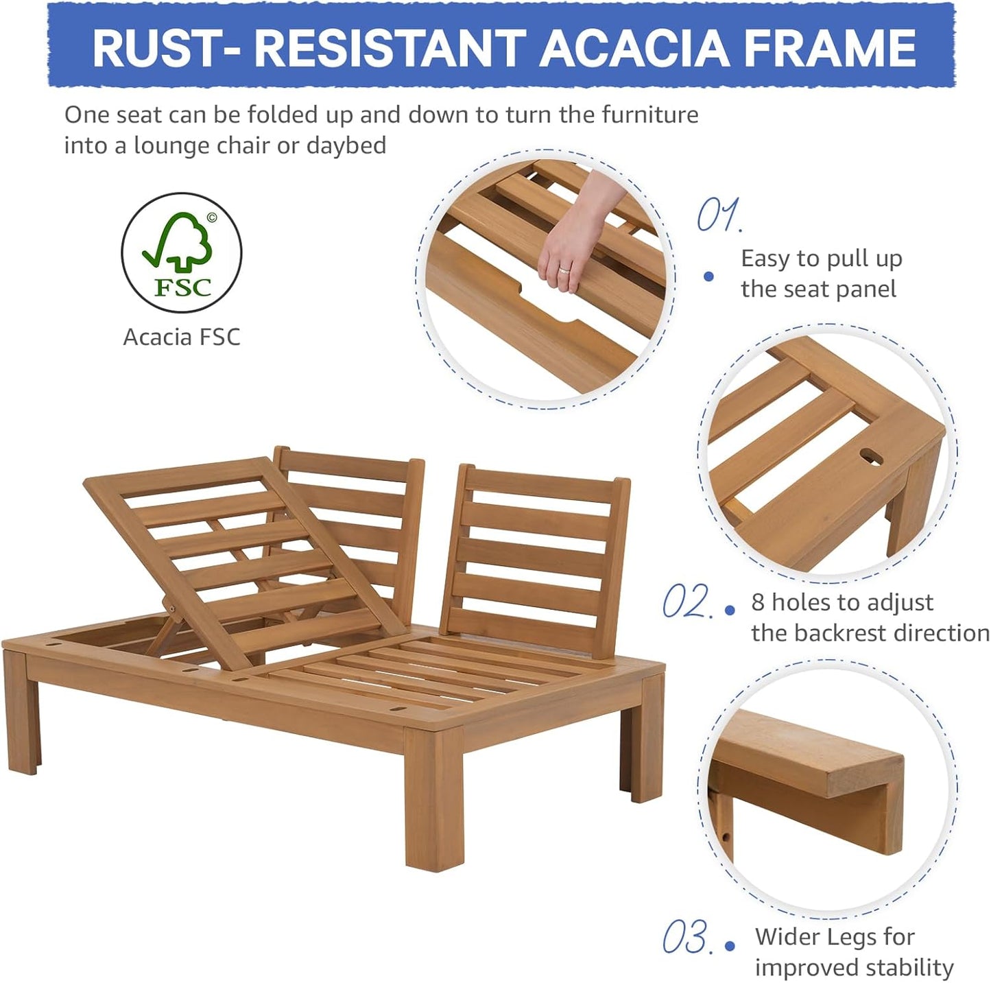 SUNSITT 4 Piece Acacia Wood Patio Furniture Outdoor Sectional Sofa Set with Adjustable Armrest, FSC Certified L-Shaped Patio Set w/2-in-1 Coffee Table, Grey Cushions