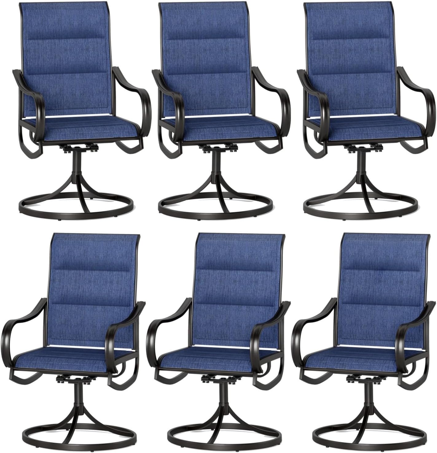PHI VILLA Patio Swivel Dining Chairs Set of 6, All Weather Outdoor Chair with Padded Textilene & Black Metal Frame for Outdoor Lawn Garden Poolside (Blue)