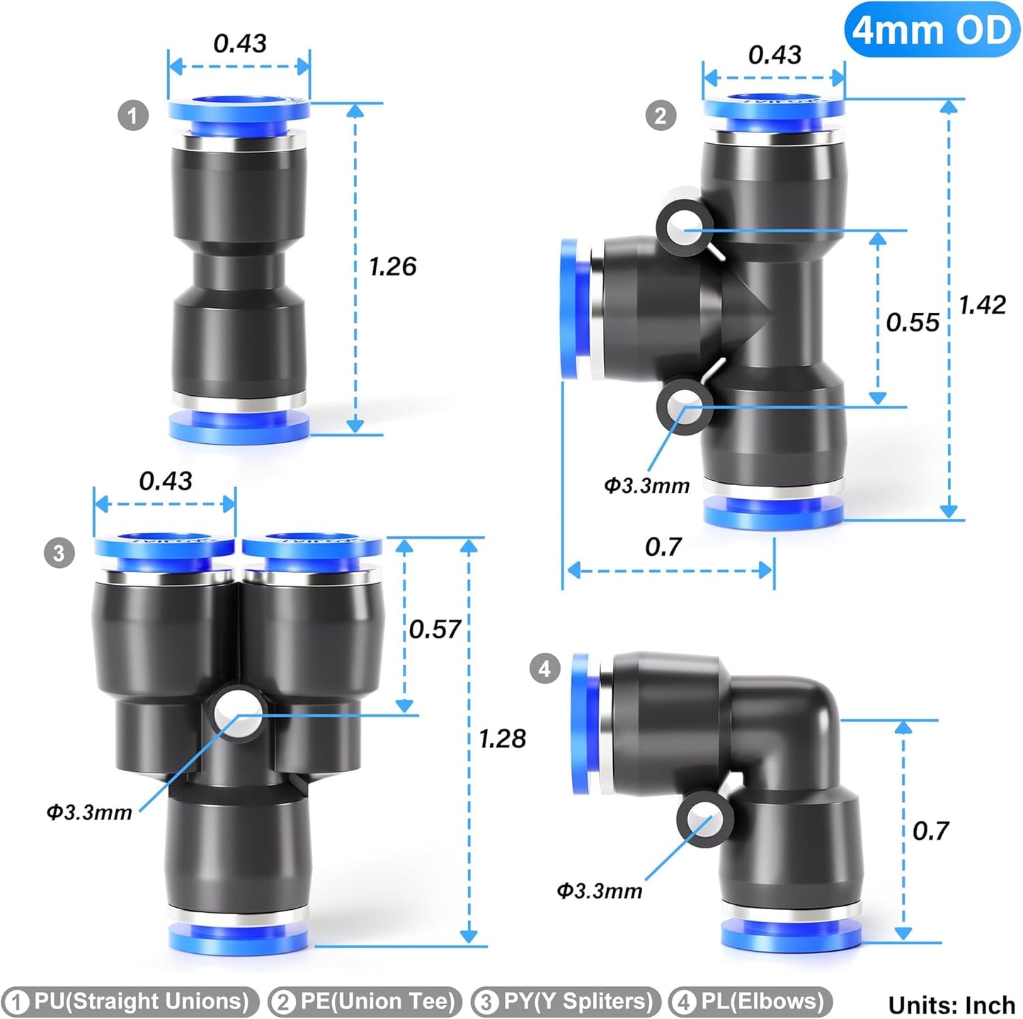 TAILONZ PNEUMATIC 5/32 inch or 4mm od Push to Connect Fittings Pneumatic Fittings Kit 10 Spliters+10 Elbows+10 tee+10 Straight (40 pcs)