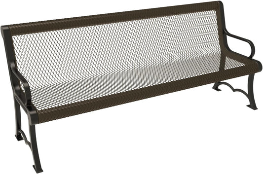 Heavy-Duty Outdoor Bench Thermoplastic Coated, Expanded Metal, Commercial-Grade Garden Bench, Made in America (Portable with Back, 6 Ft, Textured Brown)