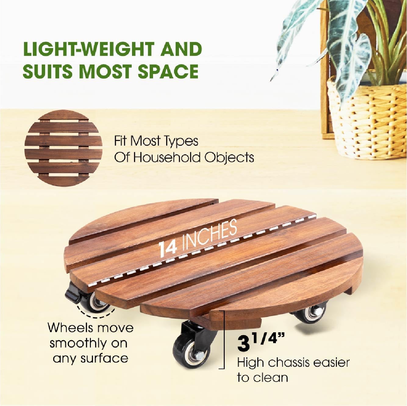 Idzo 2-Pack 14 Inch Acacia Wood Plant Caddy with Wheels – Heavy-Duty Plant Dolly with 264 Lbs Capacity, 360° Lockable Wheels for Large Plant Pots, Heavy Objects, Ideal for Indoor and Outdoor Use