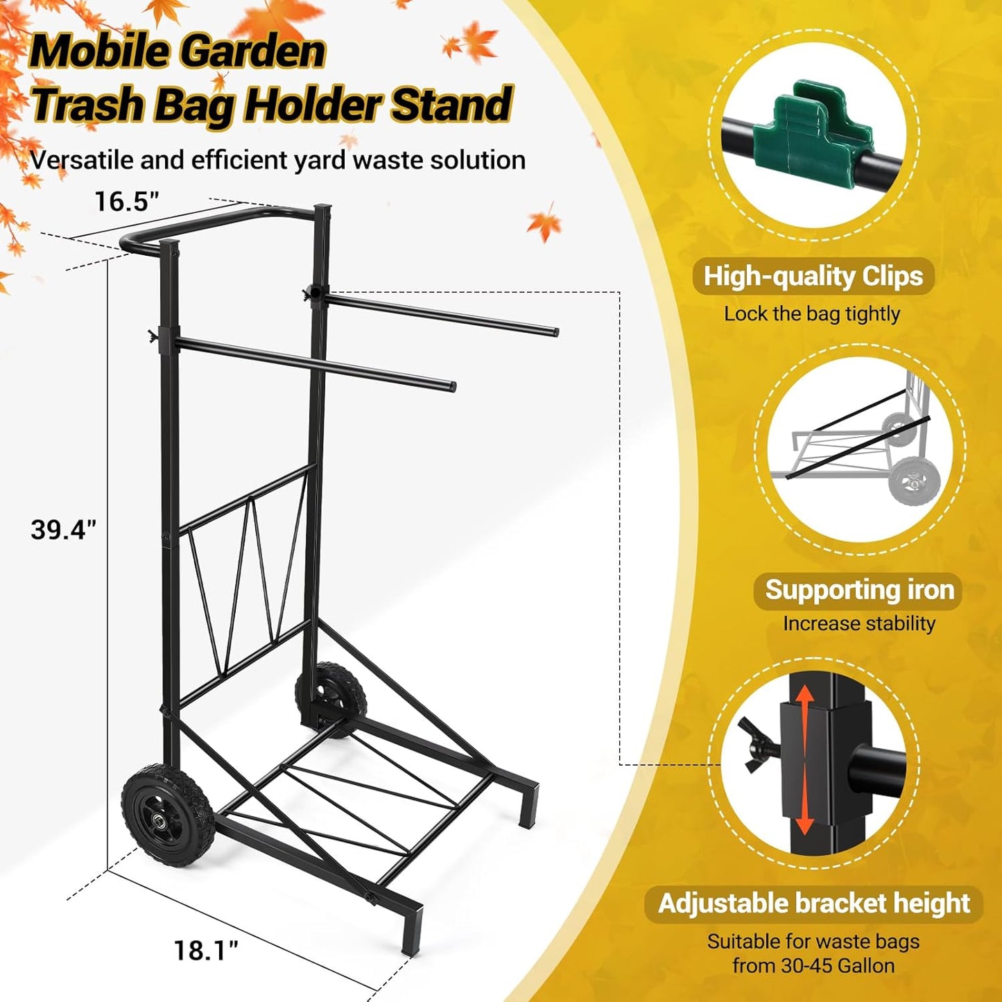CAROD Trash Bag Holder, Adjustable Metal Leaf Bag Holder from 30-45 Gallon Capacity, Mobile Garbage Bags Cart, Outdoor Garden Leaf Bags Stand for Yard & Lawn Cleanup, Gardening, Camping, Parties