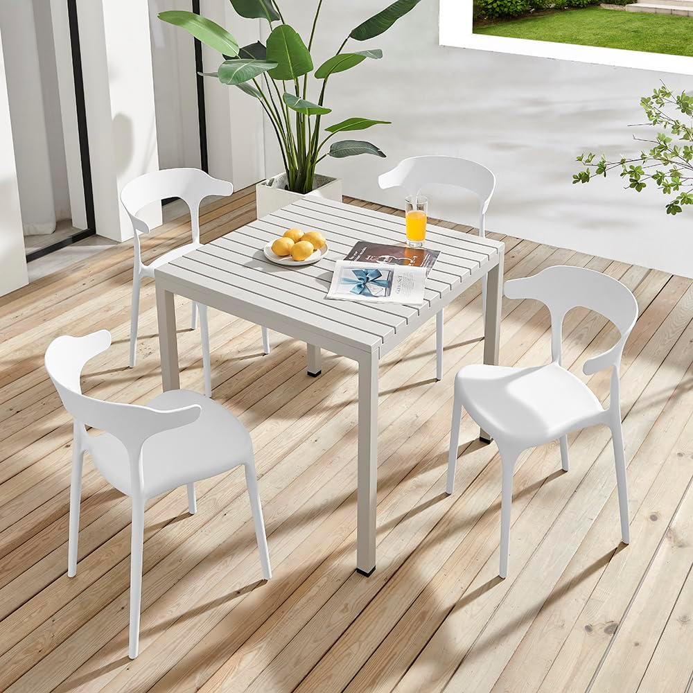 Plastic Outdoor Dining Table with Metal Legs, Weather Resistance, Home Patio Table, Restaraunt Outdoor Table, Quick Assembly (Grey)