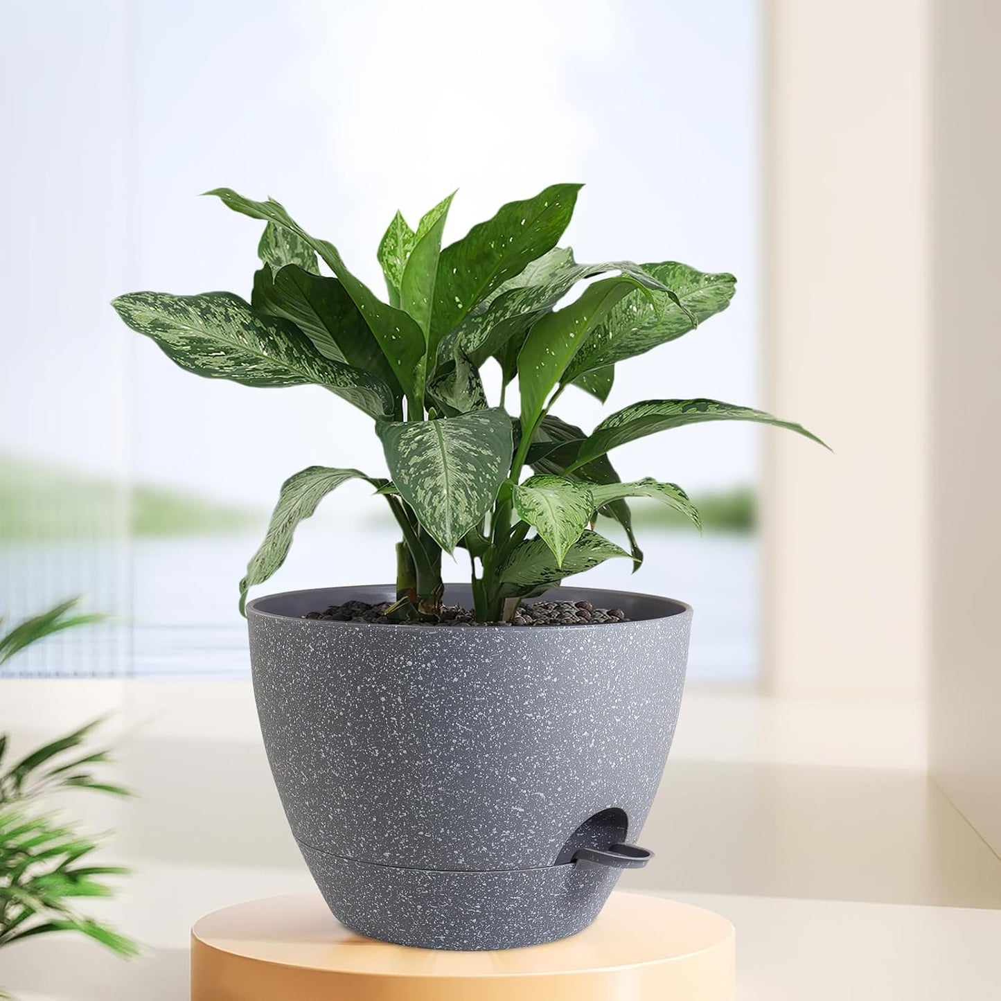 12 inch Large Self Watering Pots, Plant Pots with Mesh Drainage Holes for Indoor Outdoor Plants, Plastic Planters with Deep Reservoir for Garden House Flower Plants, Speckled Grey