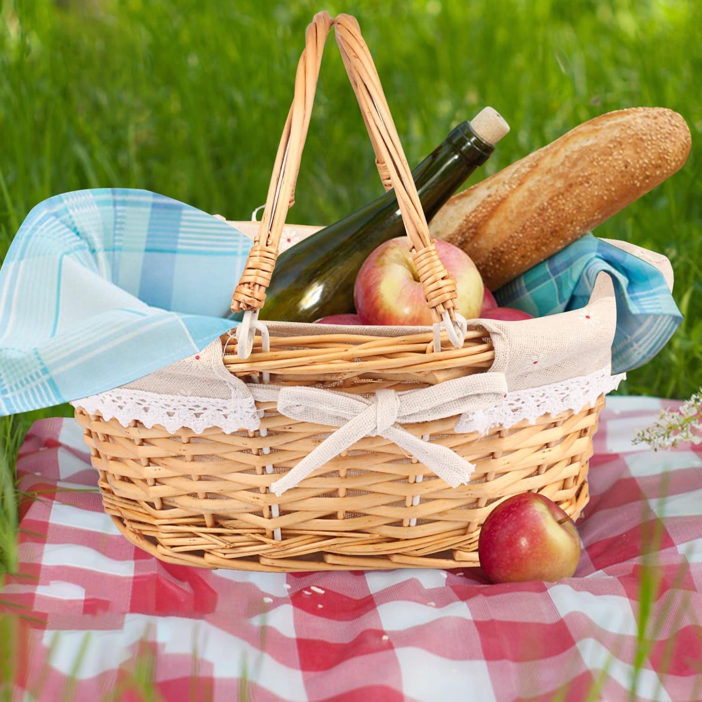 Large Multipurpose Wicker Basket with Handle, 14.2 x 11 x 6.7 Inch Wicker Picnic Basket with Liner, Empty Gift Basket, Oval Willow Woven Basket for Fruit, Wine, Gathering, Wedding, Picnic,by GNIEMCKIN