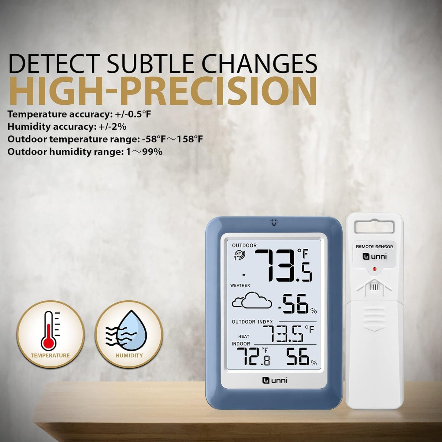 Indoor Outdoor Thermometer Hygrometer Wireless Weather Station, Temperature Humidity Monitor Battery Powered Inside Outside Thermometers with 330ft Range Remote Sensor(Blue)