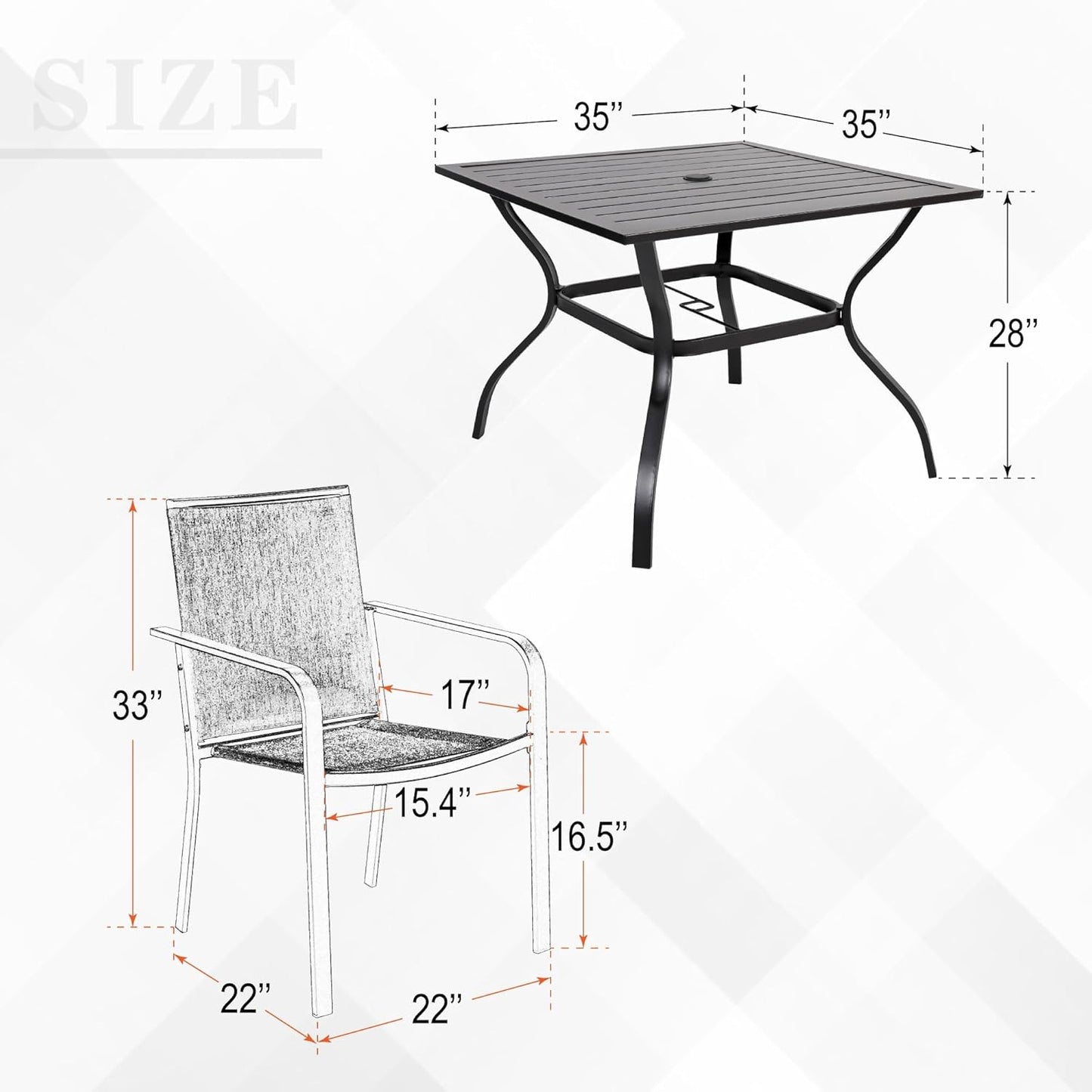 Anumutig 5-Piece Patio Dining Set, 35-Inch Square Patio Table with 4 Stackable Chairs, Weather-Resistant Frame, Brown
