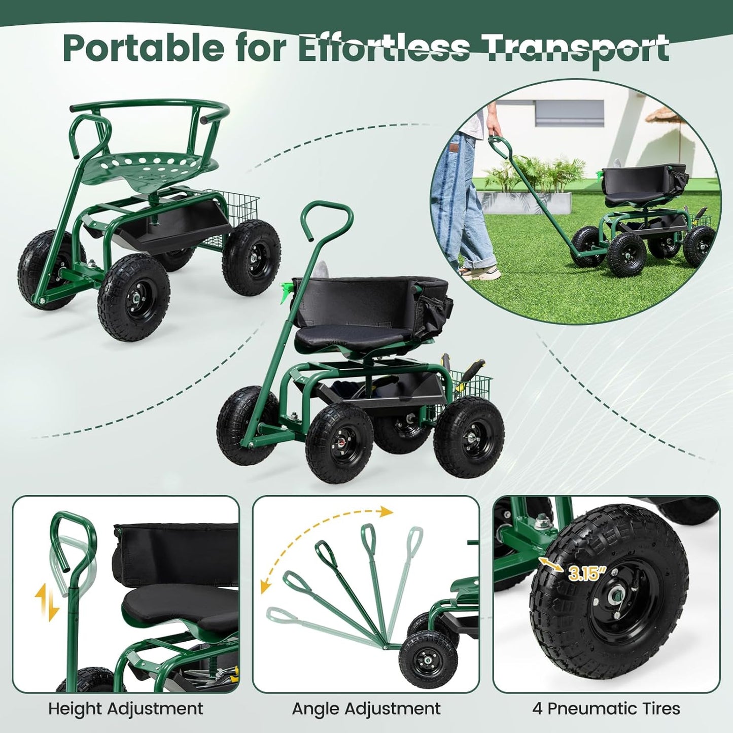 Goplus Garden Seat with Wheels, Rolling Gardening Stool with Adjustable 360° Swivel Seat, Tool Tray & Storage Basket, Extendable Handle, Outdoor Gardening Scooter, Garden Cart Workseat for Seniors
