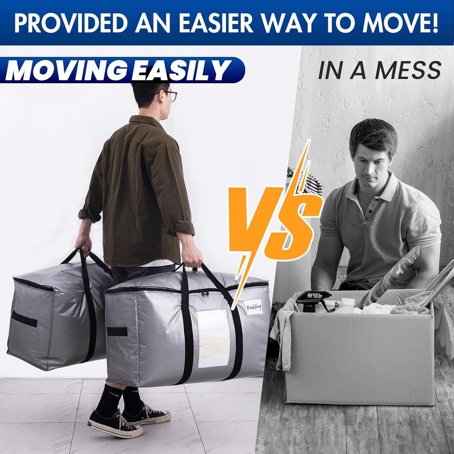 TAILI Extra Large Moving Bags, 4 Pack Silver Heavy Duty Totes For Storage with Visible Window, Wrap Around Handles, Space Saving Storage Bags for Moving Supplies, Alternative to Moving Boxes
