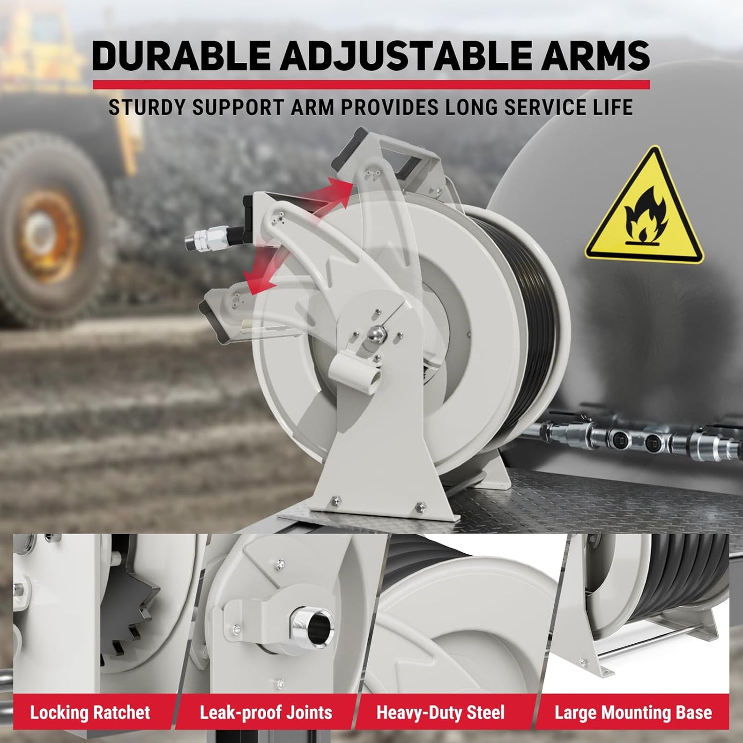 Diesel Fuel Hose Reel Retractable 1" x 50' with Fueling Nozzle Diesel Hose Reel 300 PSI Industrial Auto Swivel Heavy Duty Steel Construction for Farm Ship Vehicle Tank