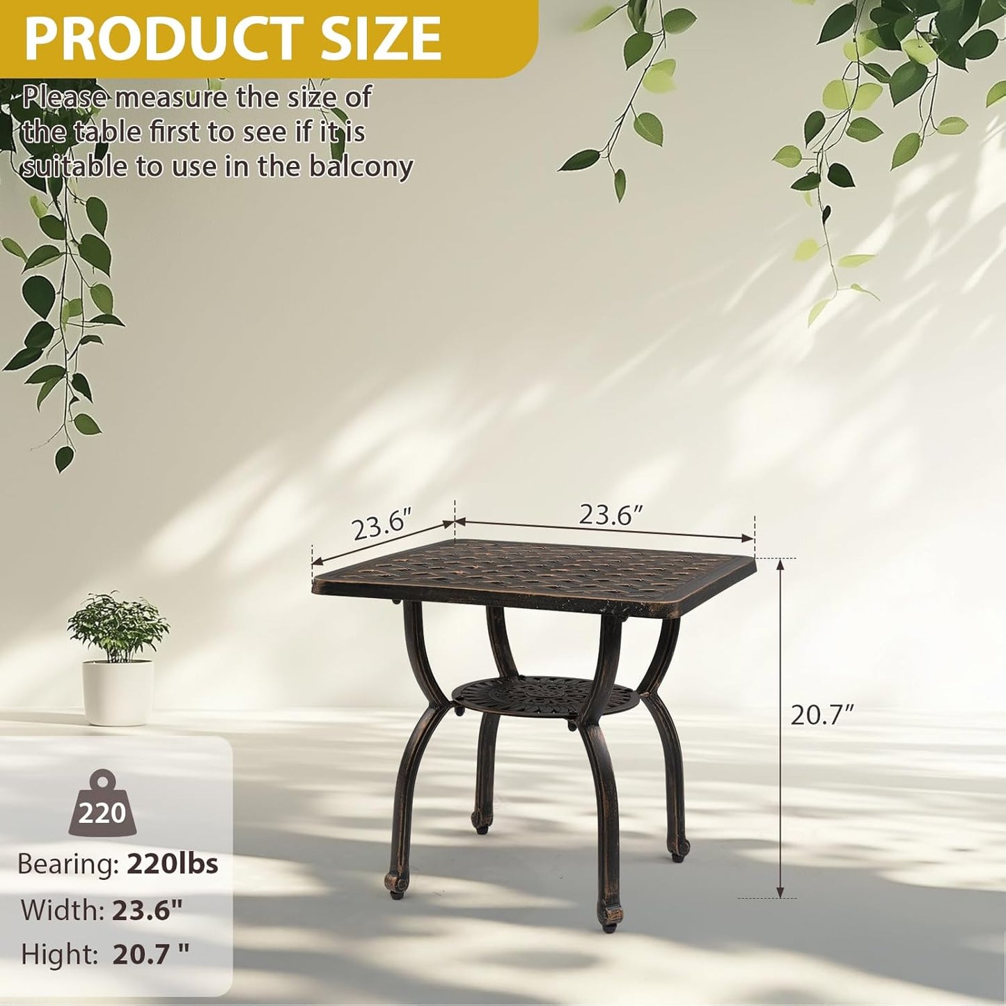 Outvita Patio Side Table, 21.3in Outdoor Square Cast Aluminum Bistro Table and Antique Design for Backyard Porch Pool Balcony Deck White