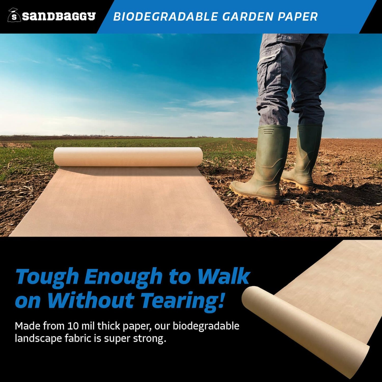 Sandbaggy Biodegradable Landscape Fabric - Garden Paper for Weeds - Paper Mulch Rolls (5 ft x 475 ft, 25)