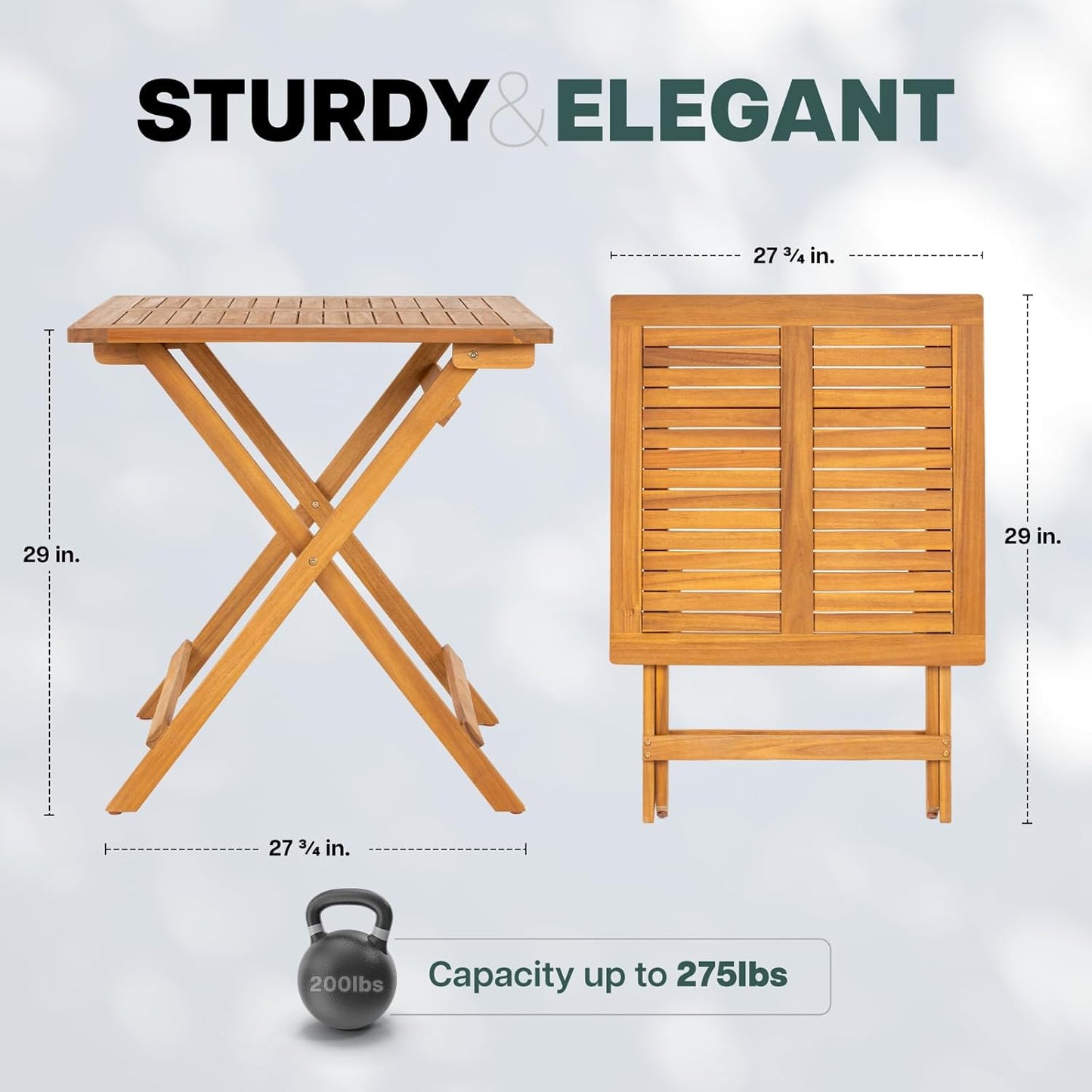 IDZO Legolas FSC Acacia Wooden Folding Table, Heavy Duty 270lbs Capacity, Elegant & Rustic Design for Garden, Backyard, Porch, Patio, Easy Assembly