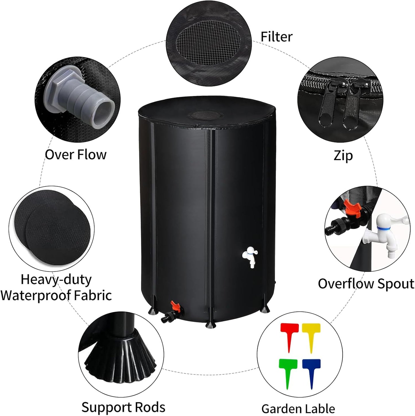 100 Gallon Collapsible Rain Barrel, Portable Rainwater Collection System, Rain Catcher Barrel, Water Storage Tank with Two Spigots and Overflow Kit, Rain Water Barrel Collector for Garden, Black
