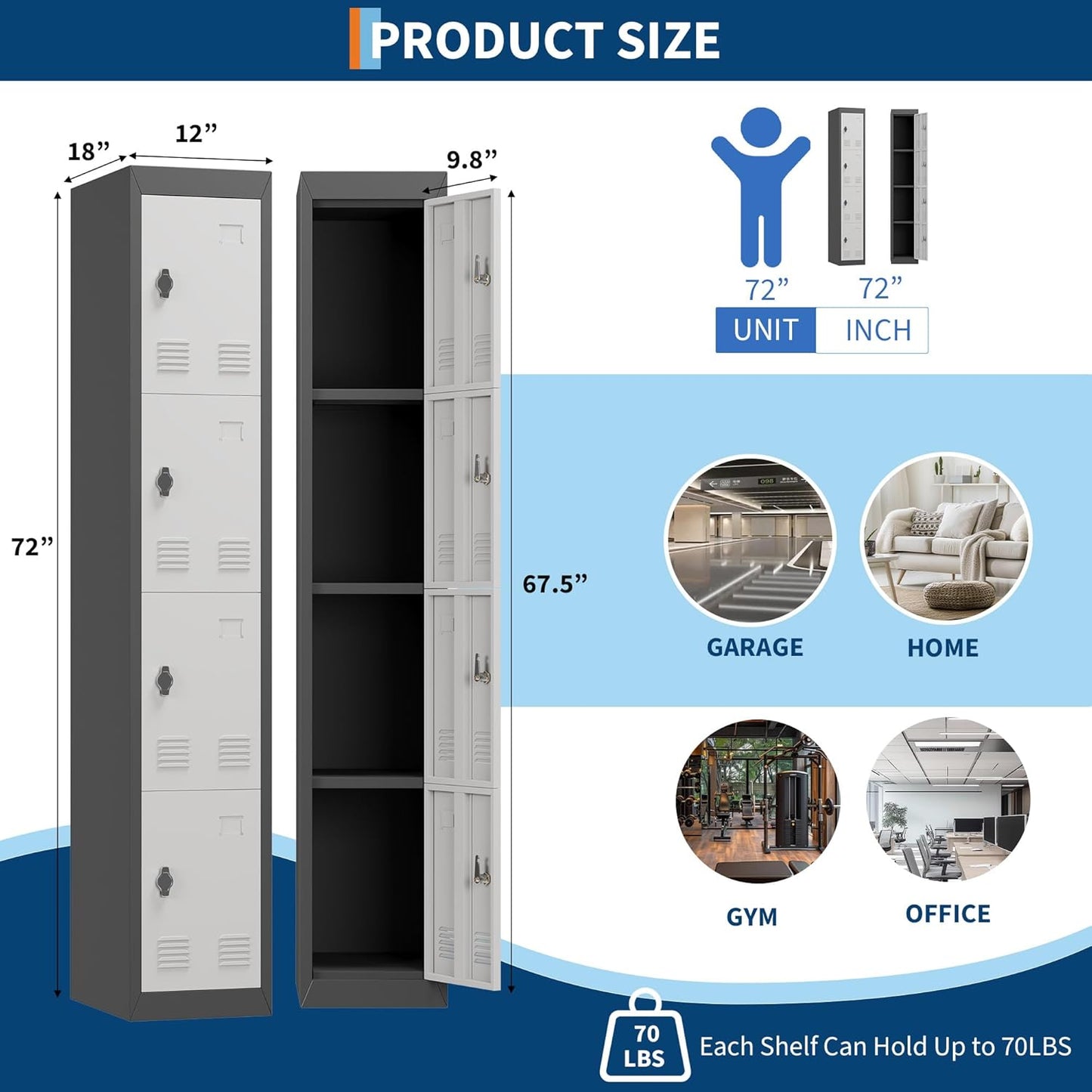 4 Doors Tall Single Metal Locker, Metal Lockers for Employees with Keys, 72” Black Employee Storage Cabinet with Doors, Steel Storage Cabinets Lockable for School, Gym, Home, Office, Mudroom, Black