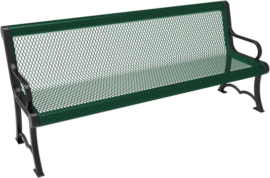 Heavy-Duty Outdoor Bench Thermoplastic Coated, Expanded Metal, Commercial-Grade Garden Bench, Made in America (Portable with Back, 6 Ft, Textured Dark Green)