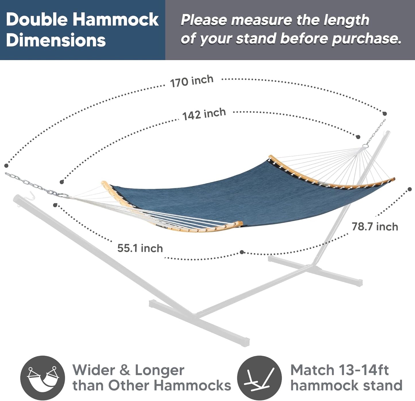 SUNCREAT Hammocks Two Person Tree Hammock, Heavy Duty Curved Bar Hammock for Poolside, Garden, Backyard, Patio, 450lbs Capacity, Navy
