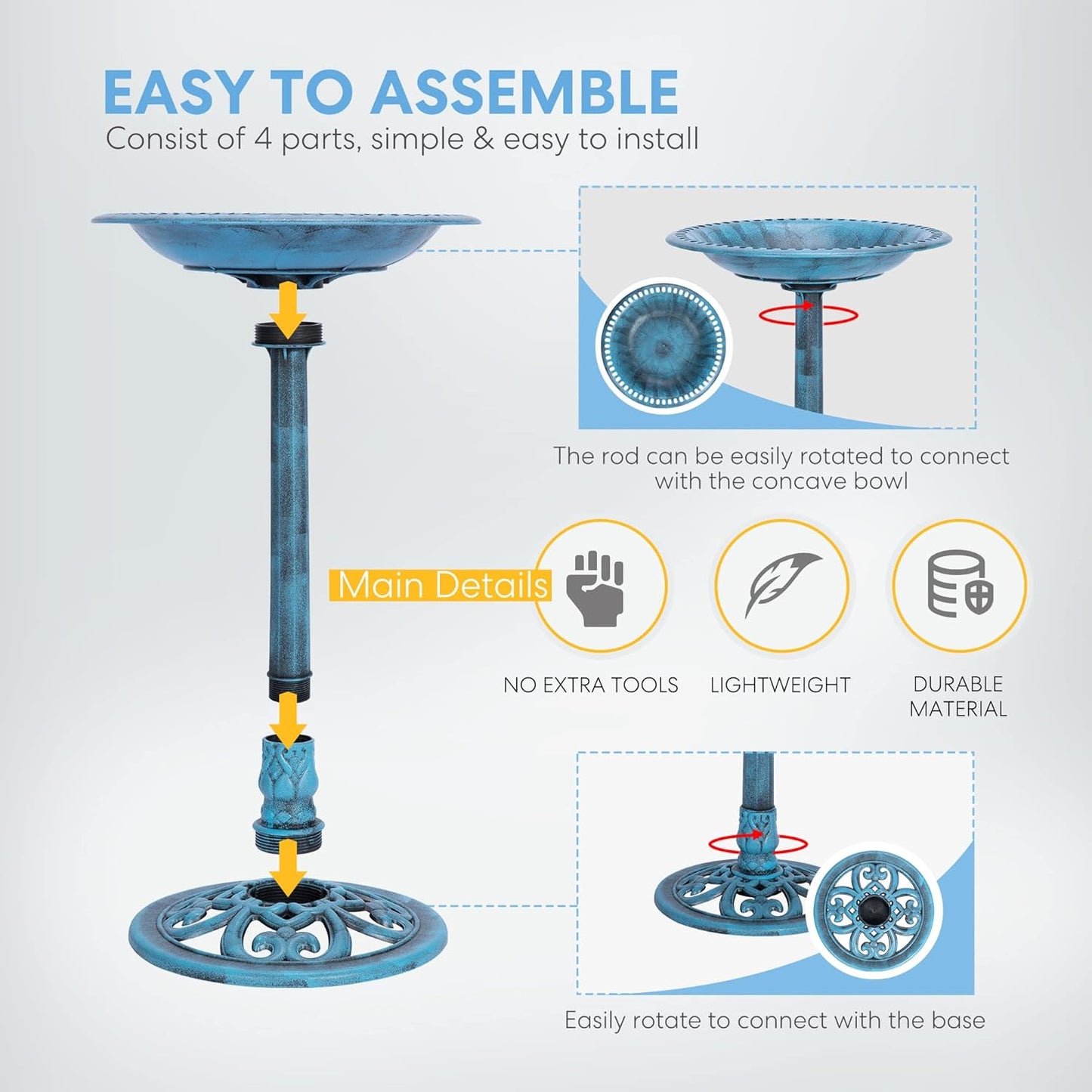VIVOHOME Polyresin Antique Outdoor Blue Garden Bird Bath and Solar Powered Round Pond Fountain Combo Set